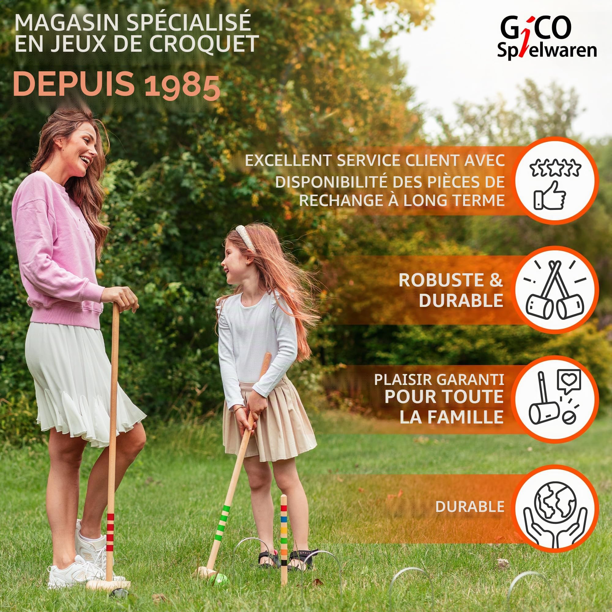 GICO Jeu de Croquet de qualité - Jeu en Plein air - 6 Joueurs - maillets Taille 80 cm - Qualite de EU - 3226