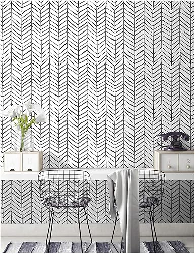 Miniatura 2 de HAOKHOME 96020-1 - Papel pintado, diseño a rayas, moderno, diseño de espiga, vinilo autoadhesivo, decorativo, pegar y despegar, color blanco y