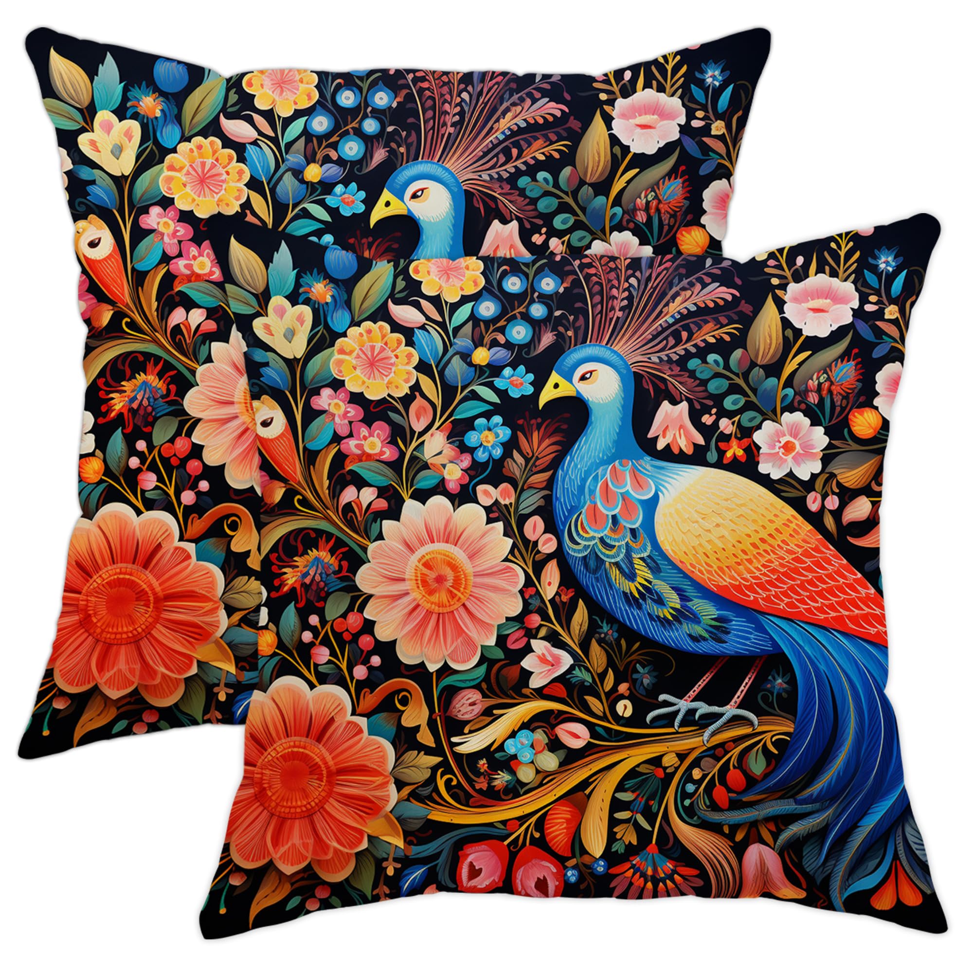 Bohemian Peacock Throw Pillow Covers Spring Flower Elegant Bird Pretty Gorgeous Colorful Soft Velvet Sofa Cover 18×18 Inch Set of 2 Decor for Bedroom Living Room Cushion Pillow Cases 16x16inch