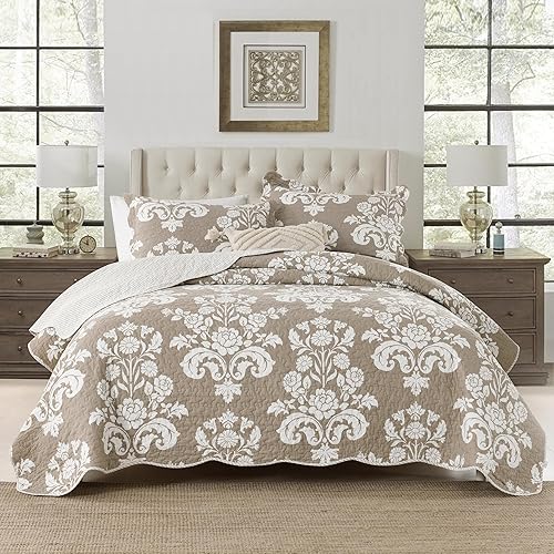 King Size Bedding Set - 3-Piece Lightweight Reversible Quilt Set in Cotton, Farmhouse Floral, Khaki, for All Seasons