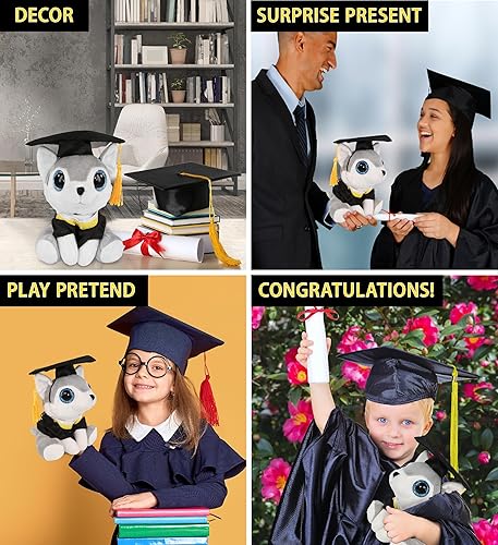 Miniatura 4 de DolliBu Sparkle Eyes Wolf - Peluche de graduación de lobo, súper suave, vestido de peluche y gorra con borla con personalización, 6 pulgadas
