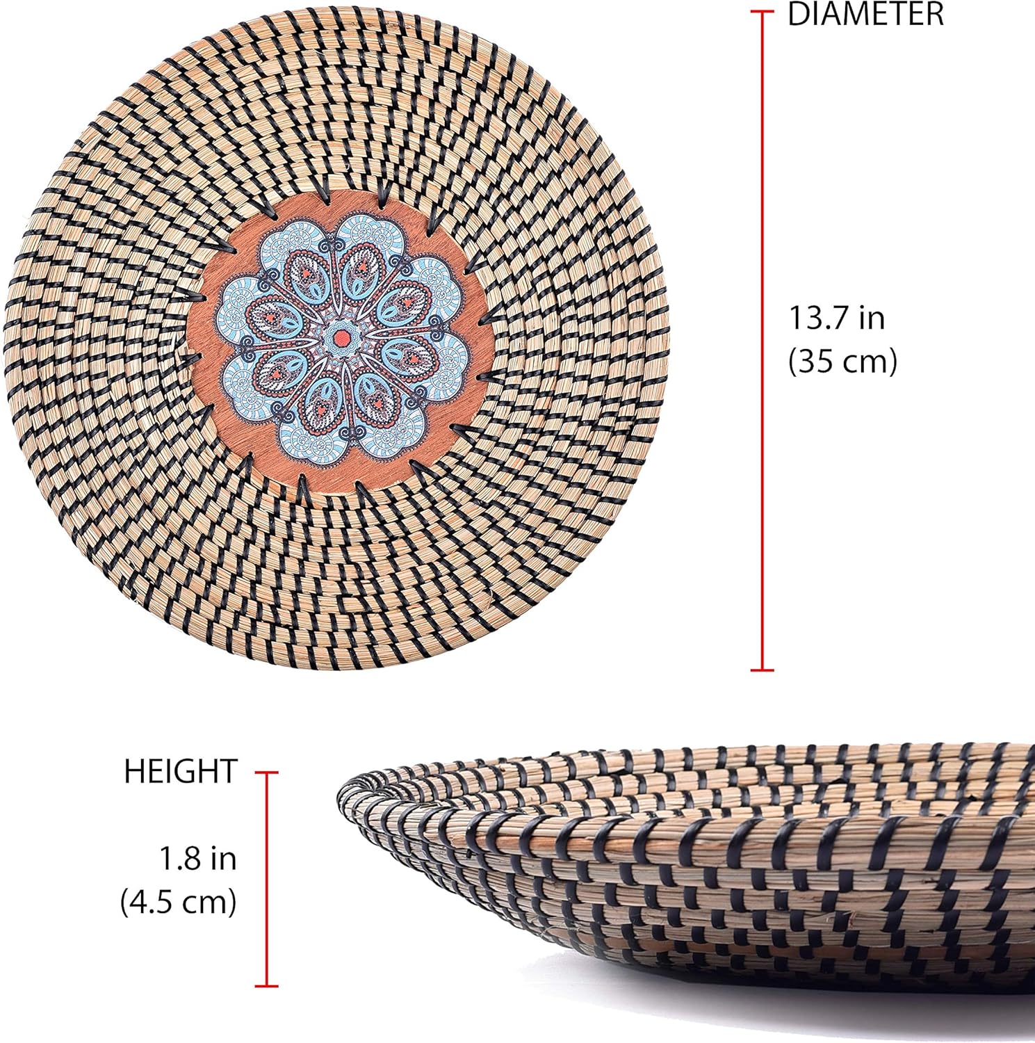 Exclusive Discount 80% Offer Hanging Woven Wall Basket - Seagrass Woven Basket Wall Decor - Black Pattern Wall Baskets Decor Boho Flat - Match in Living Room, Bedroom or Kitchen (13.7x1.8)