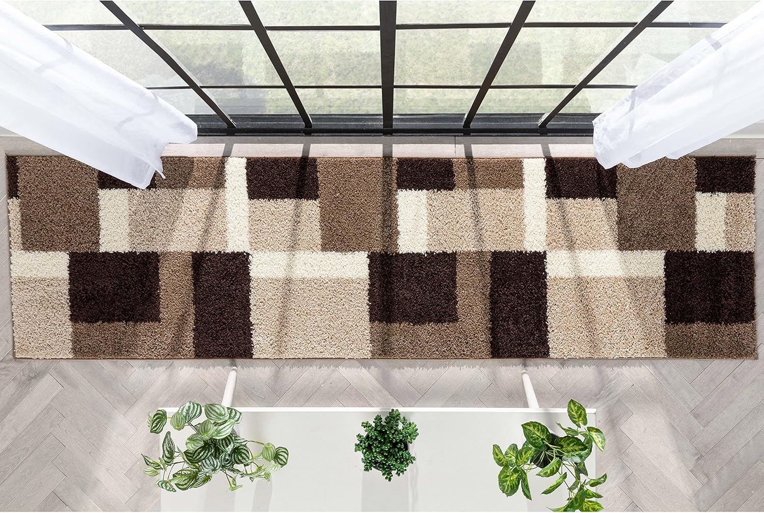 Well Woven Madison Shag Cubes Beige Brown Contemporary Thick Shag Plush 2'7" X 9'10" Runner Rug