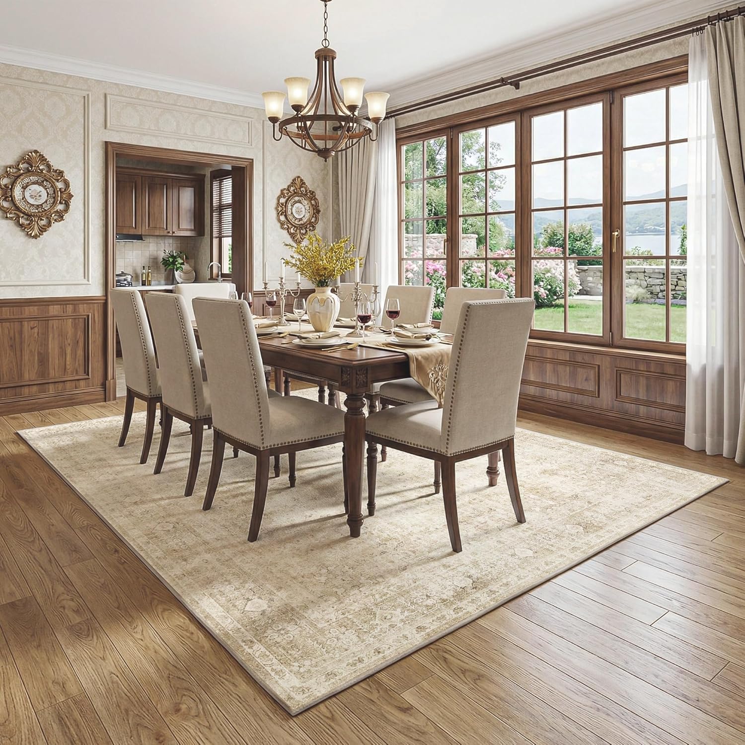 FMFUNCTEX 8x10 Washable Area Rug Beige Neutral Vintage Distressed Oriental Large Non Slip Carpet for Living Room Bedroom Traditional Retro Soft Low Pile Indoor Rugs for Dining Room Office Nursery