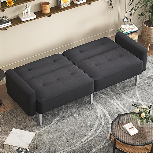 Miniatura 68 de Moderno sofá biplaza de terciopelo de 59 pulgadas con 2 bolsillos, sofá cama convertible tapizado con respaldo múltiple ajustable, sofá futón con