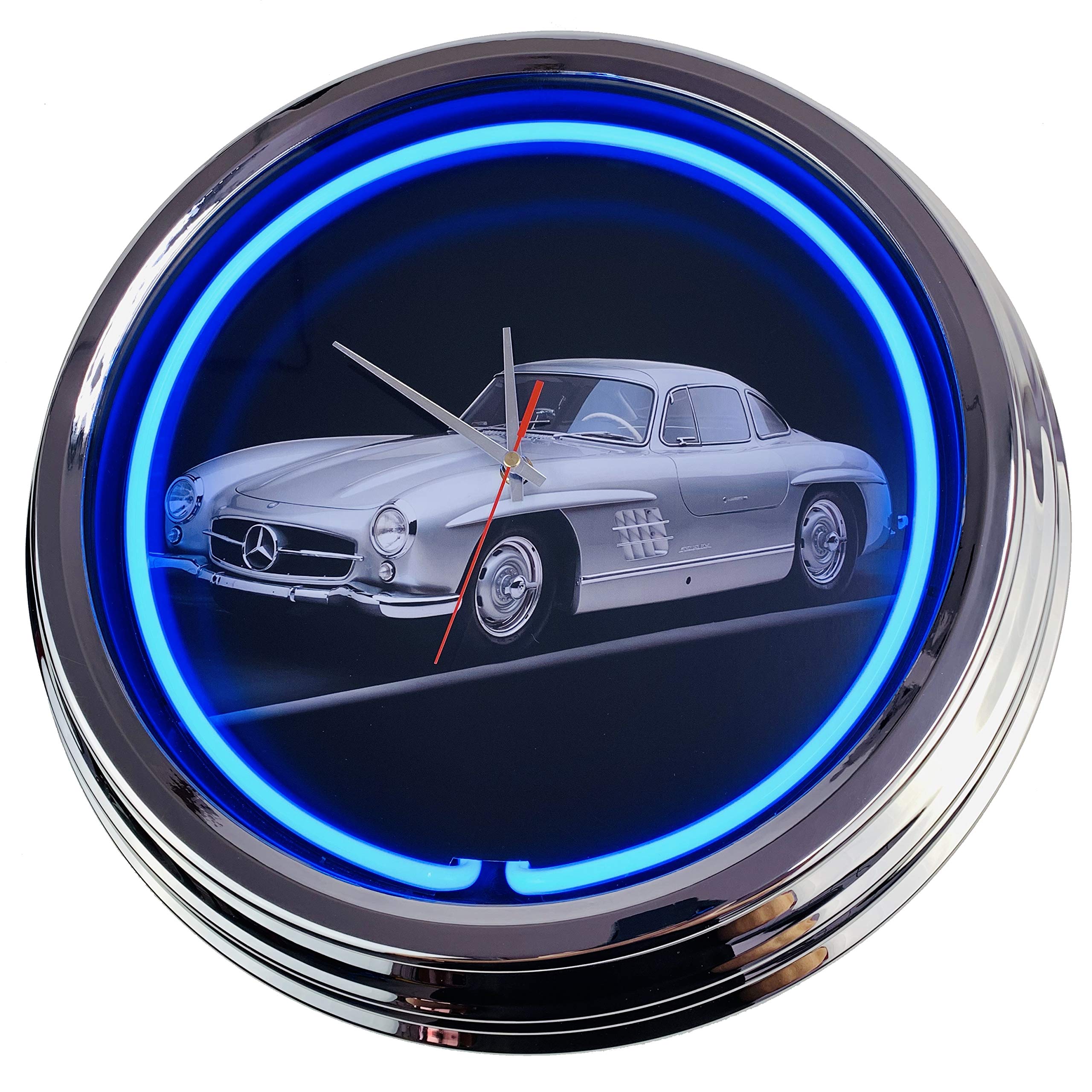 Neon Horloge 190 SL Horloge murale décorative Style américain 50 's Style rétro Horloge néon Horloge de salle à manger Cuisine Salon Bureau, bleu, ca.44cm