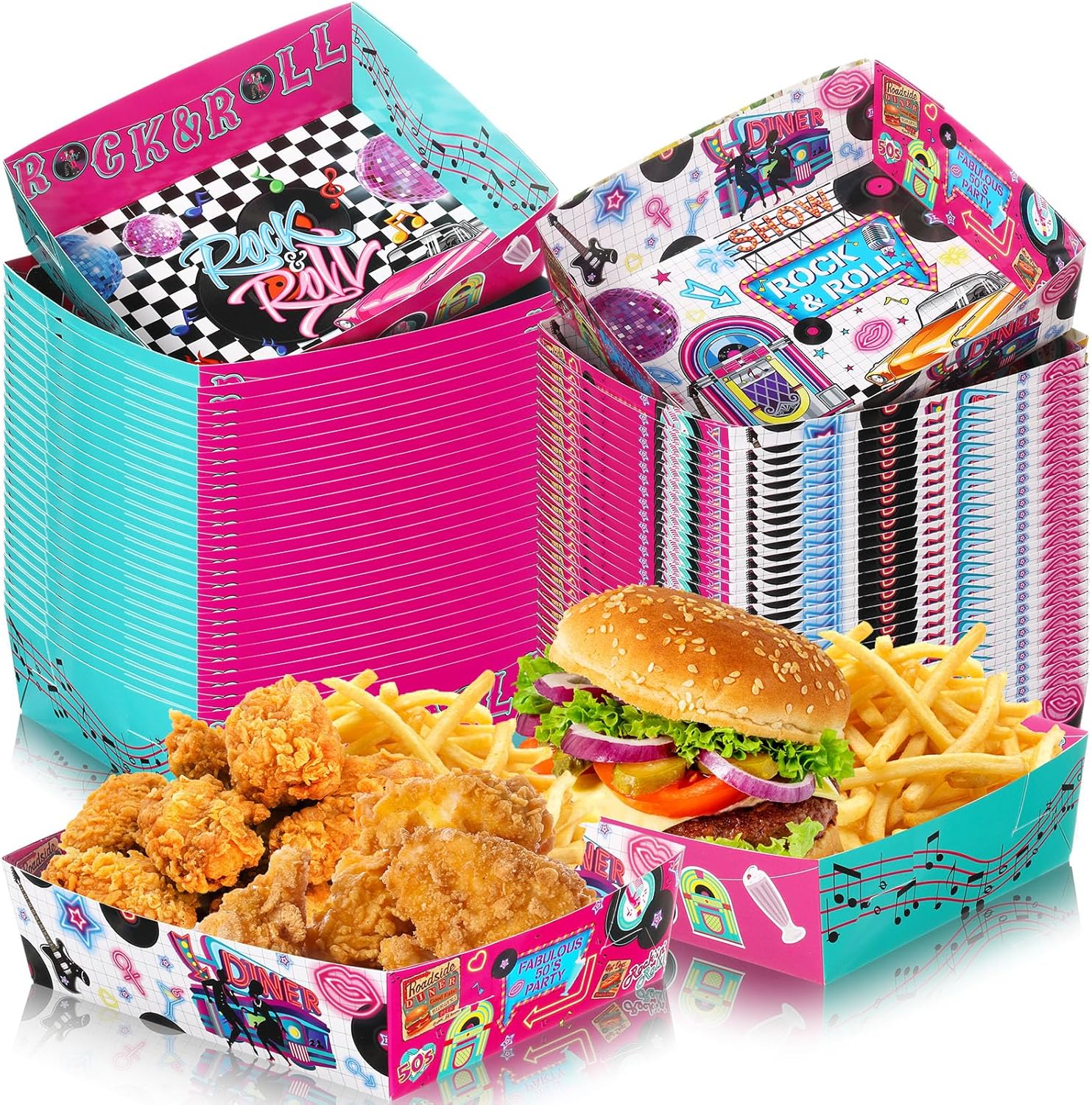 Layhit 60 Pcs 1950s Party Supplies 5 lb Food Boats Large Paper Serving Trays Burger Fries Hot Dog Taco BBQ Popcorn for Rocking Music Sock Hop Birthday 1950s Theme Party