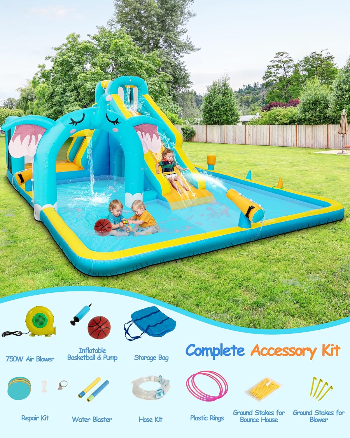 Inflatable Water Slide for Kids, Elephant Theme Water Park Backyard Summer with Large Pool &Long Slides, Inflatable Bounce House, Climbing Wall, 2 Water Cannon, 2 Water Spraying, 750W Air Blower