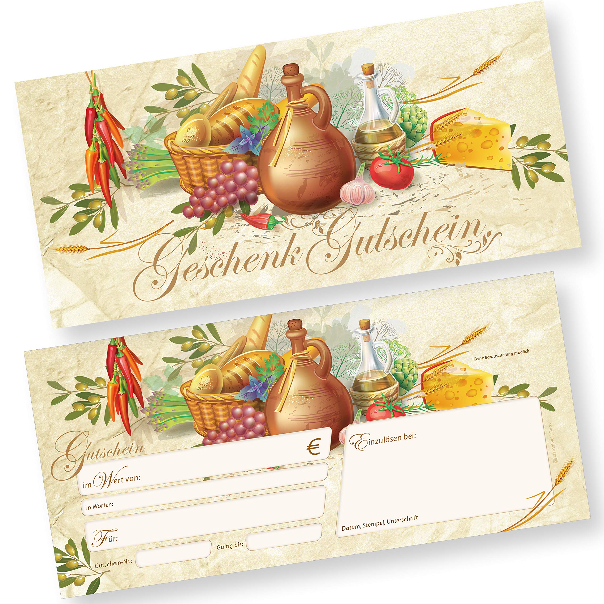 tatmotive RUSTICO Geschenkgutscheine Gastro 250 Stück Werte eintragen und stempeln, Gutscheinkarten für Gastronomie, Restaurant Pizzeria italienisch