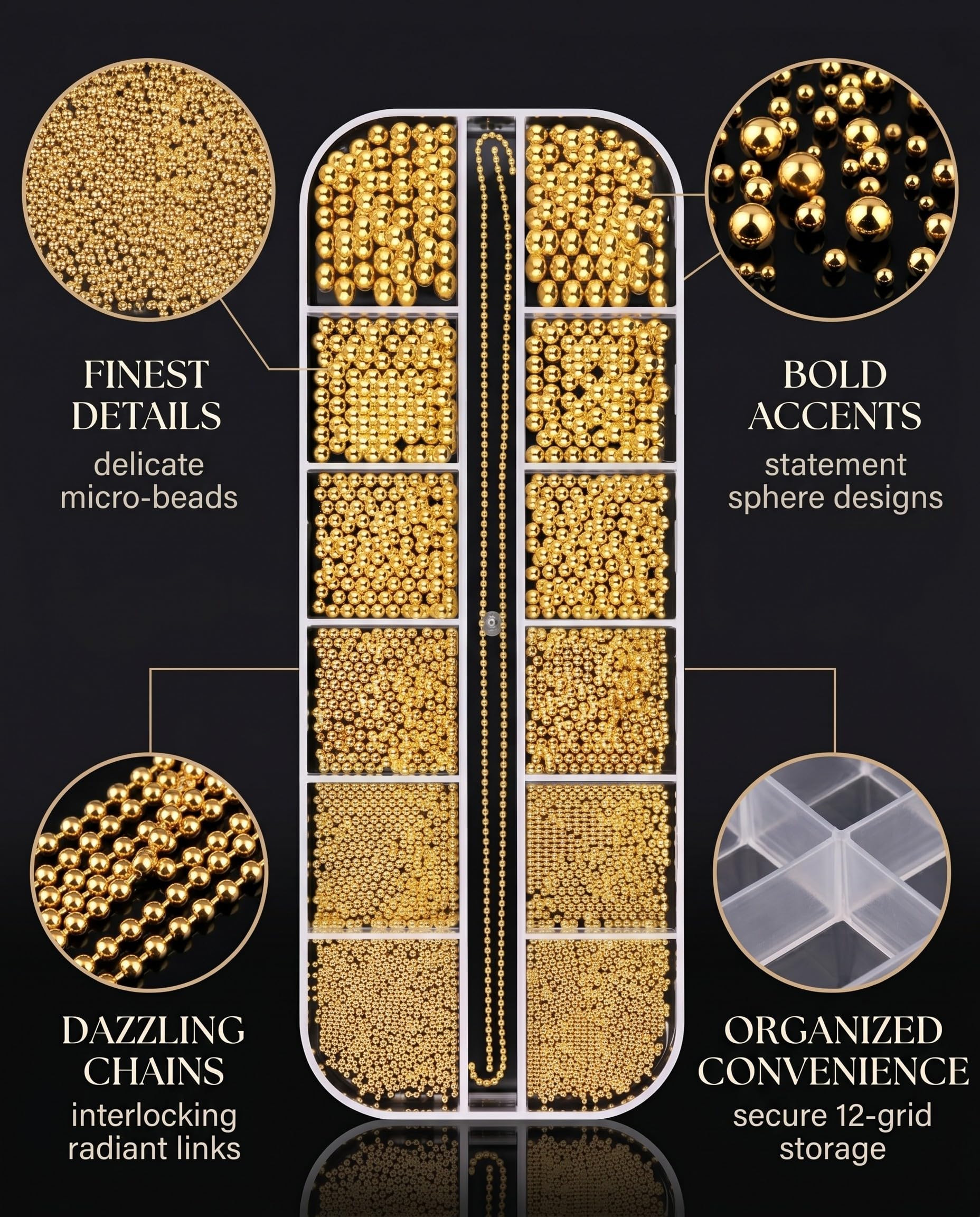 1 Boîte Perles Acier Doré pour Ongles, Coffret 12 Compartiments (0.6-2.0mm) + Chaînes Or, Assortiment Multi-Tailles pour Nail Art 3D DIY & Pro