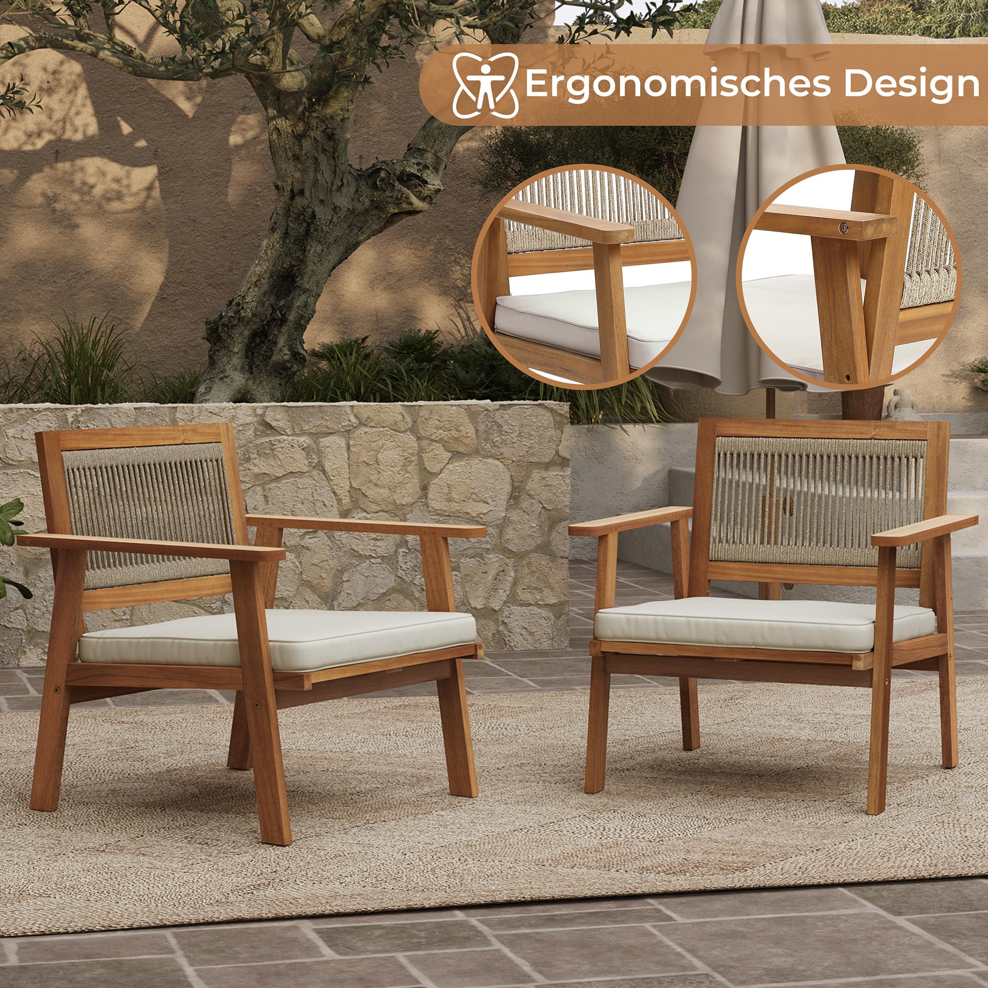 Hometopia Gartenstuhl Holz 2er Set mit Kissen Akazienholz, Outdoor Gartensessel mit Seilbespannung und Geflochtener Rückenlehne, Stabil bis 150kg für Balkon, Terrasse und Garten 64 x 64 x 75 cm