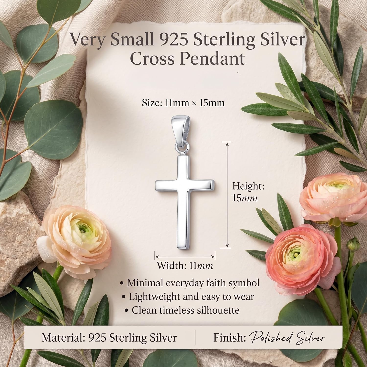 925 Sterling Silver Cross Pendant Very Tiny Minimalist Faith Charm Everyday Jewelry (11mm x 15mm)