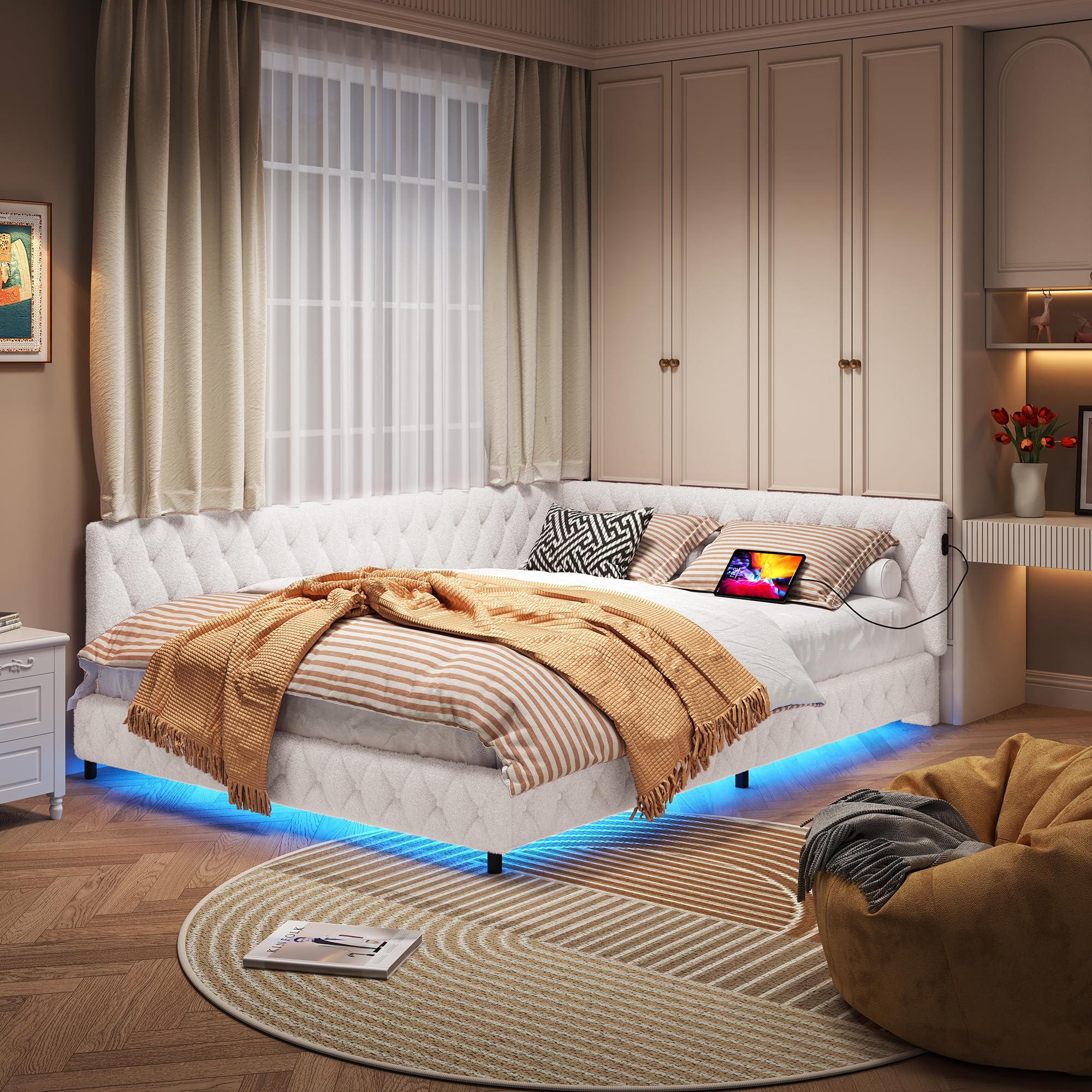 Kinderbett Polsterbett 140x200,Einzelbett Multifunktionsbett mit LED-Beleuchtung und USB-Aufladung,Jugendbett 140x200 mit Led,Bettgestell mit Lattenrost,Ohne Matratze,Teddy Velvet