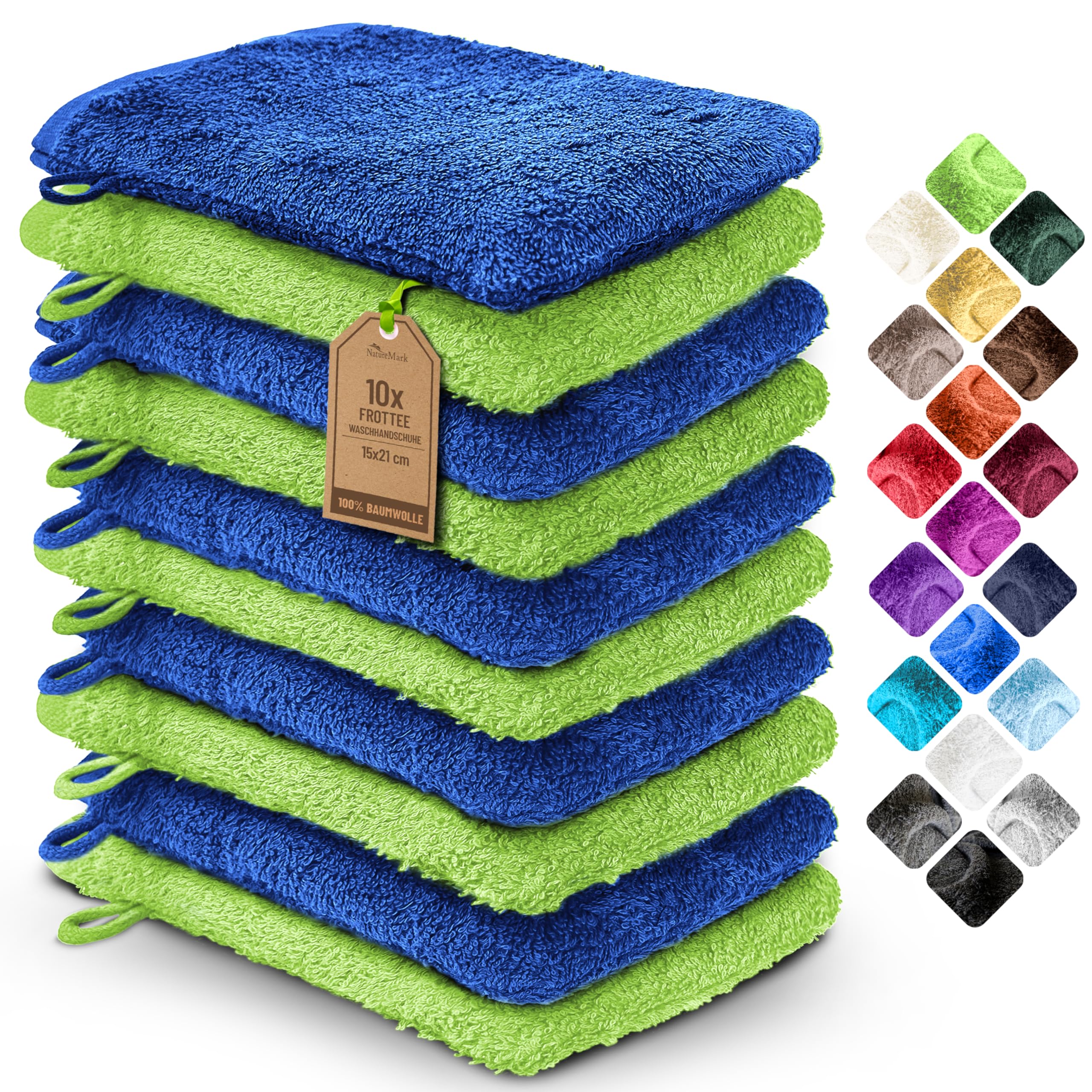 NatureMark 10x Waschhandschuhe aus Frottee 100% Baumwolle – Weich und Robust, Ideal für die tägliche Pflege und Gäste – Royal/Apfelgrün, 15x21 cm