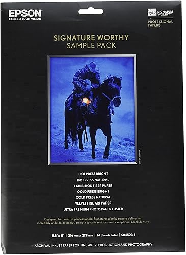 Epson Paquete de muestra de papel digno de firma, 8-1/2 x 11 pulgadas, acabados surtidos, 14 hojas/paquete (EPSS045234), color blanco