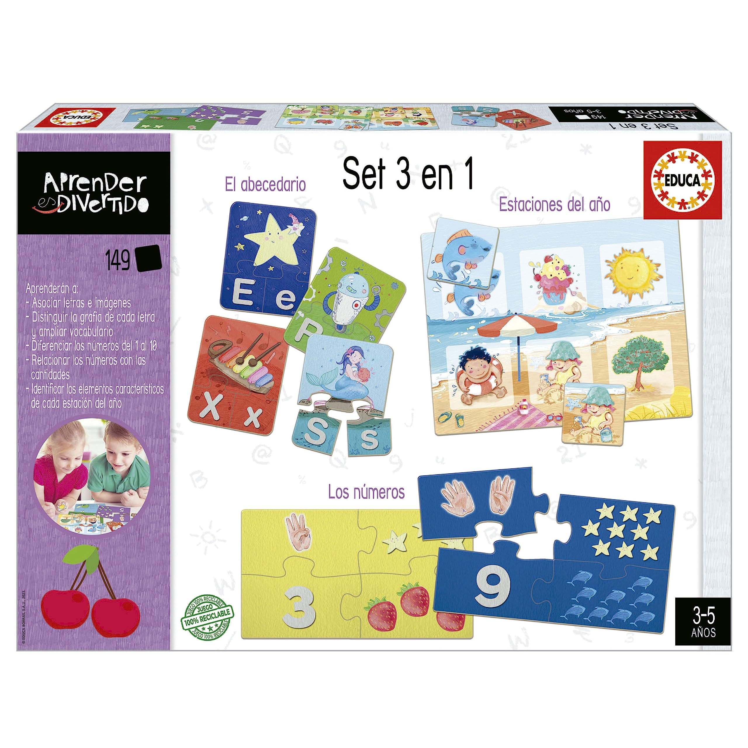 Educa - Set 3 en 1 | Aprender es Divertido. Juego Educativo con Tres temáticas Distintas: abecedario, números y Estaciones del año. Elaborado con Materiales sostenibles. A Partir de 3 años (19814)