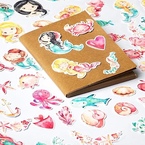 Miniatura 6 de Navy Peony Calcomanías de sirena feliz y peces (60 piezas) | Calcomanías de animales marinos para recuerdos de fiesta y álbumes de recortes, lindas