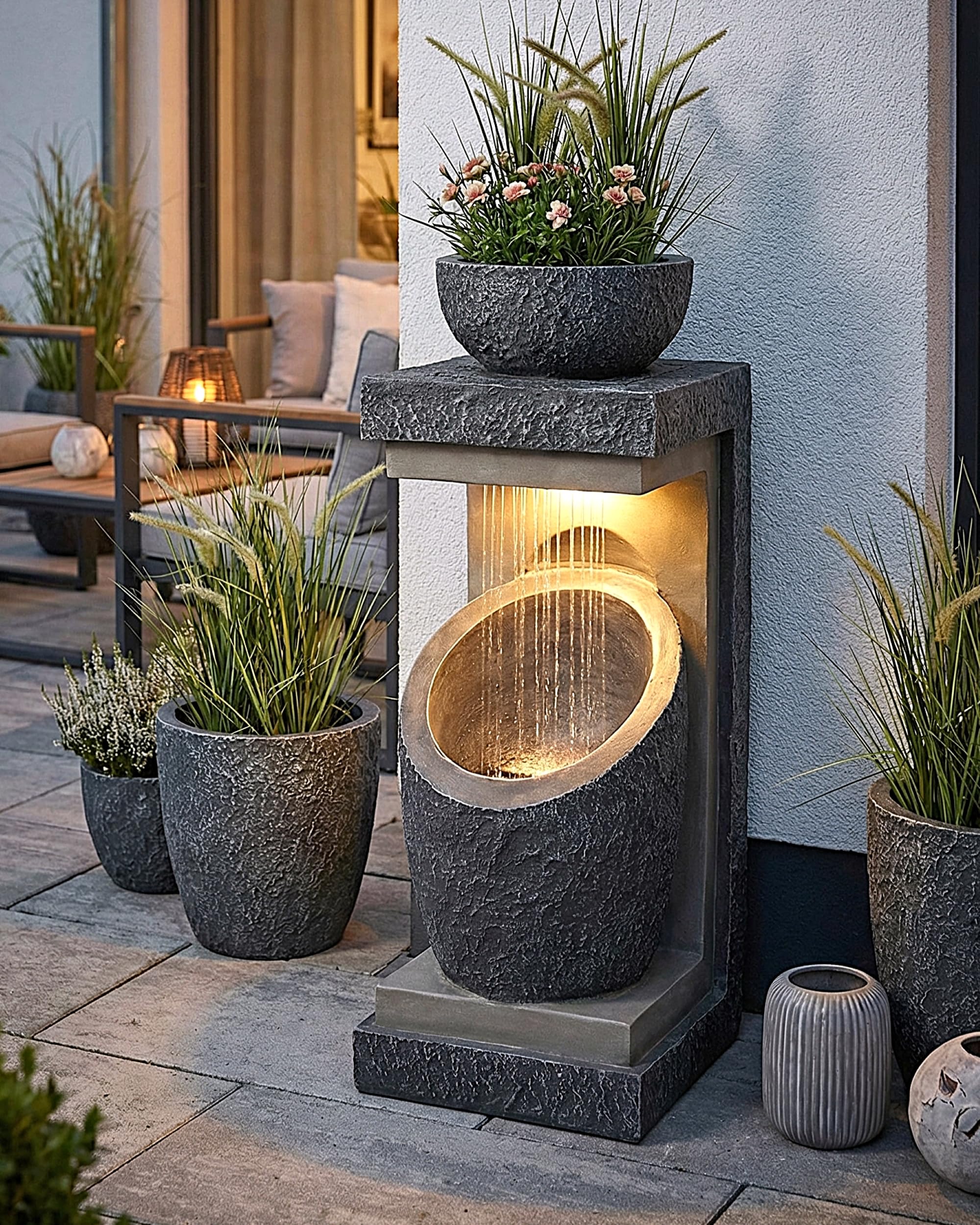 Arnusa Gartenbrunnen – Gartenbrunnen mit LED Beleuchtung, 81 cm, Steinoptik, bepflanzbar, Komplett-Set