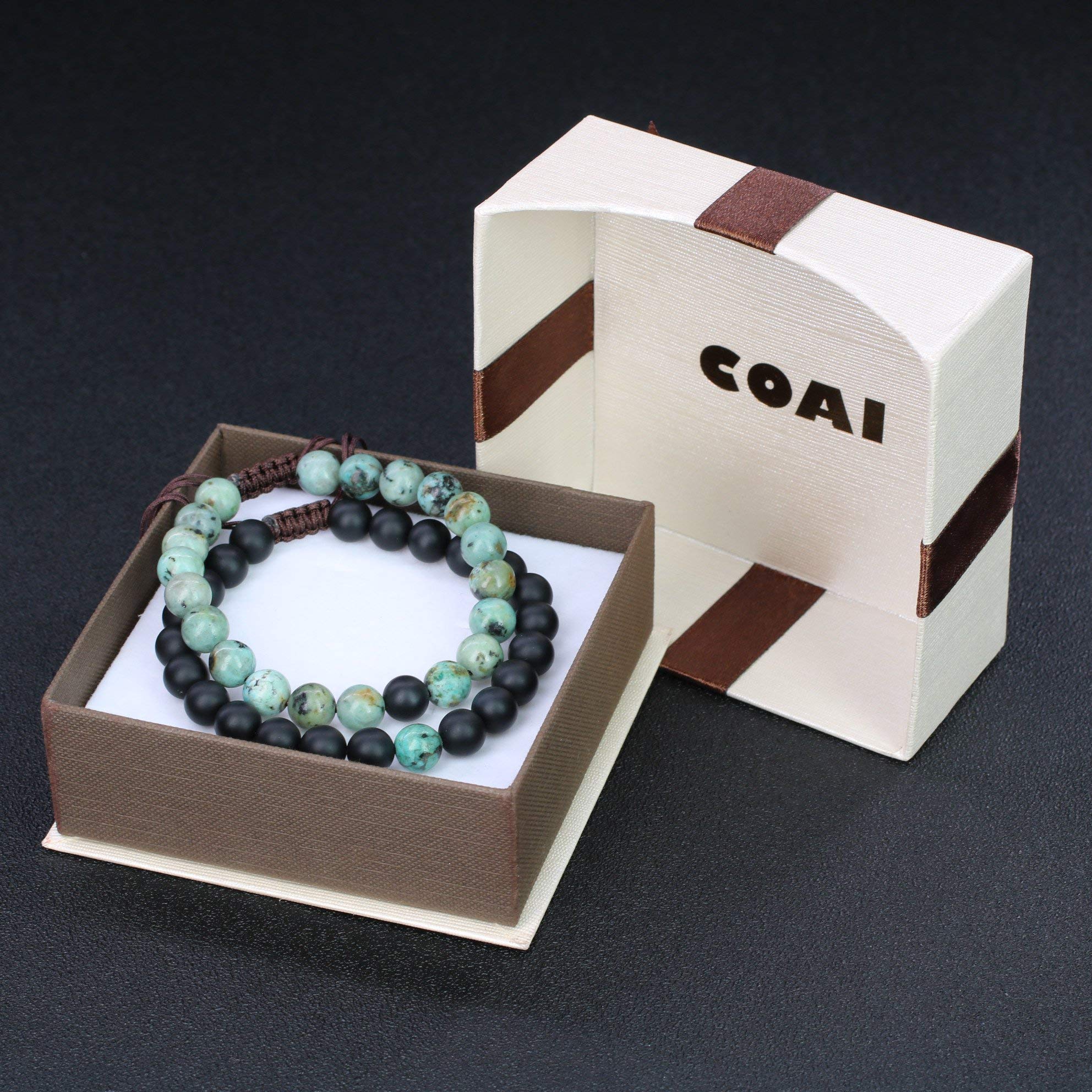 COAI Set Coppia Bracciali Regolabili per Lui e per Lei in Pietre Naturali Benefiche, Bracciali della Distanza di Ispirazione Shamballa