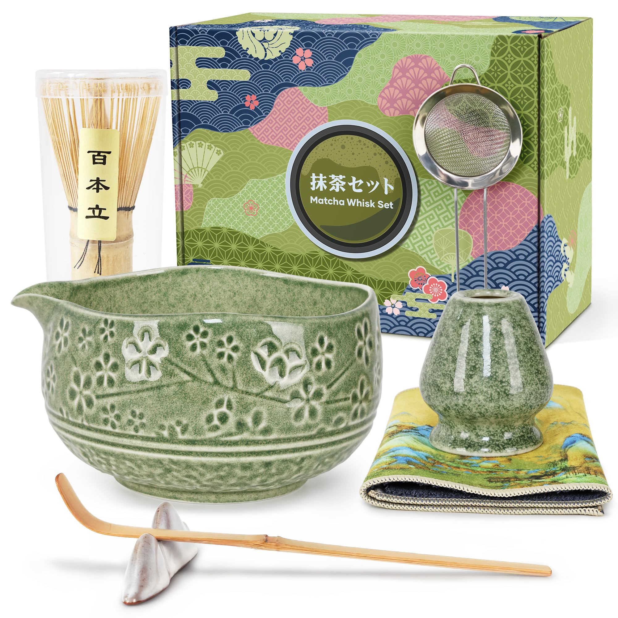 Kit Matcha 7 pièces en céramique verte avec fouet en bambou et bol à buse