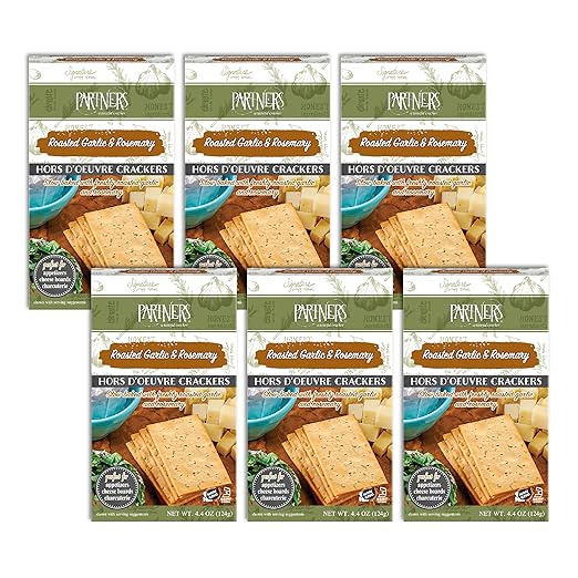 Partners Hors d'Oeuvre Crackers, Roasted Garlic & Rosemary, 4.4 Ounce (Pack of 6), Made with Real Ingredients, Non-GMO, Kosher