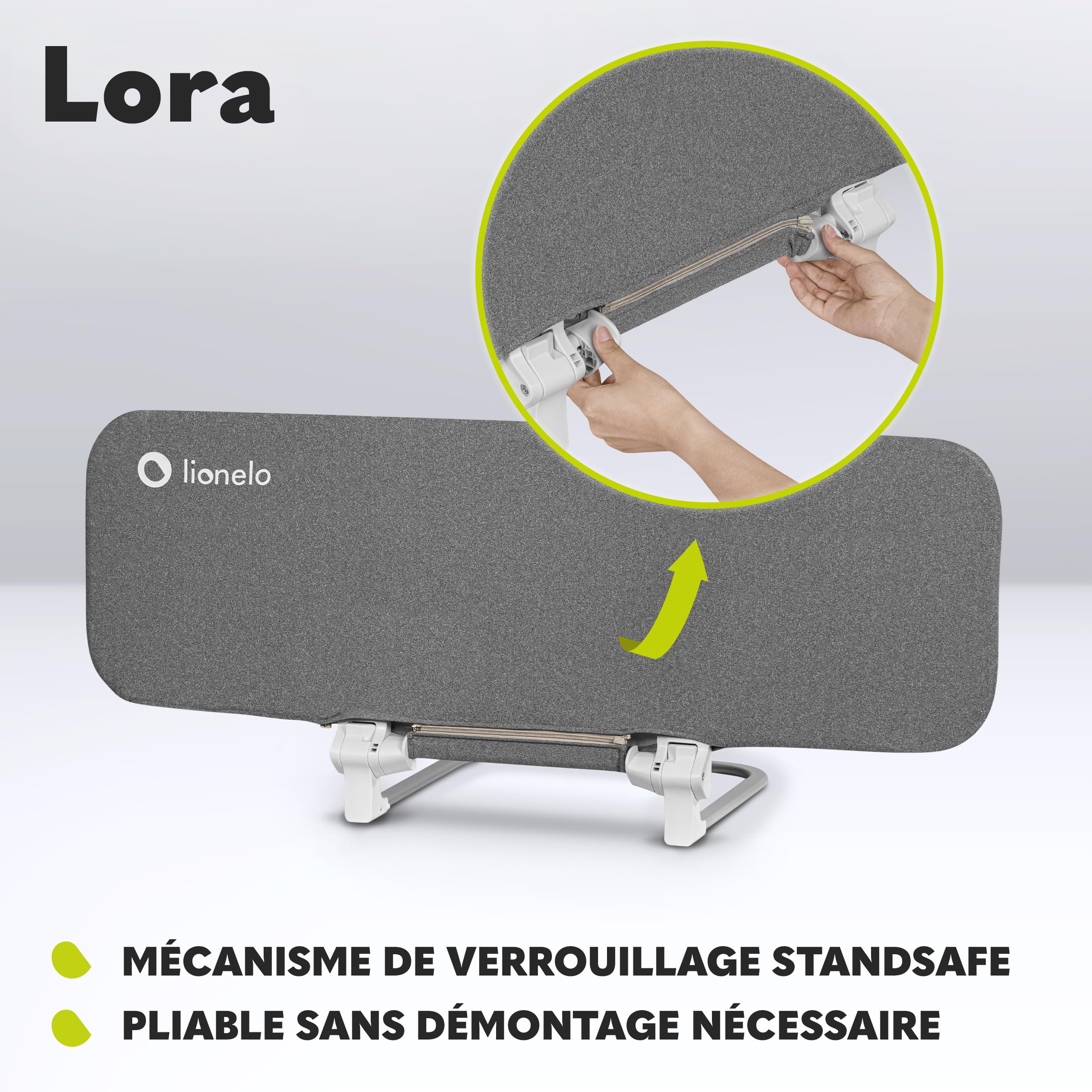 Lionelo Lora Barrière de lit Portable Pliable Enfants, Inclinaison réglable 180°, lit 45-105 cm, StandSafe, Protection Chutes Gris