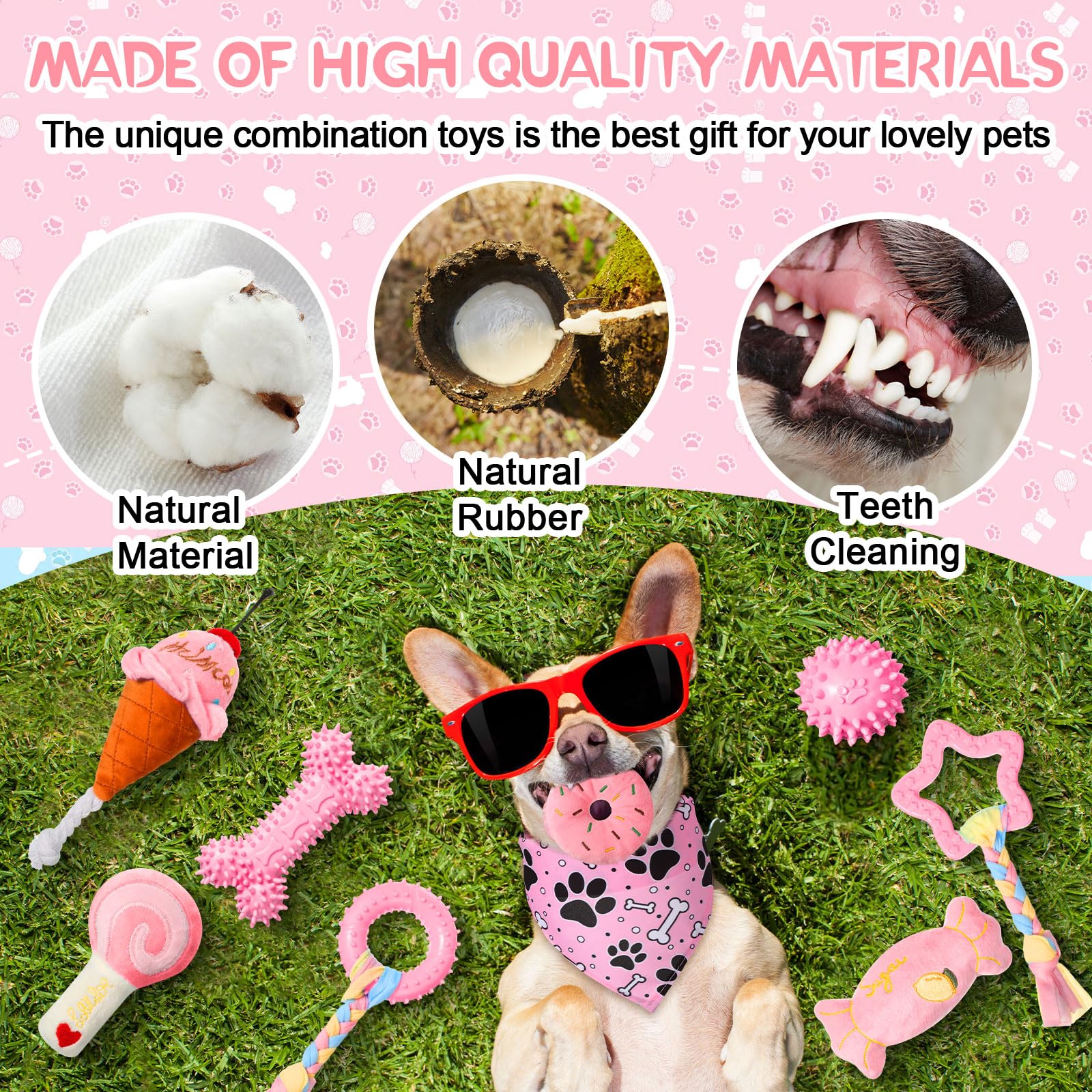 MiniInflat Paquete de 14 juguetes para cachorros para dentición, juguetes masticables para cachorros, perros pequeños, juego de juguetes rosados, lindas bolas de goma suave para limpieza de dientes de