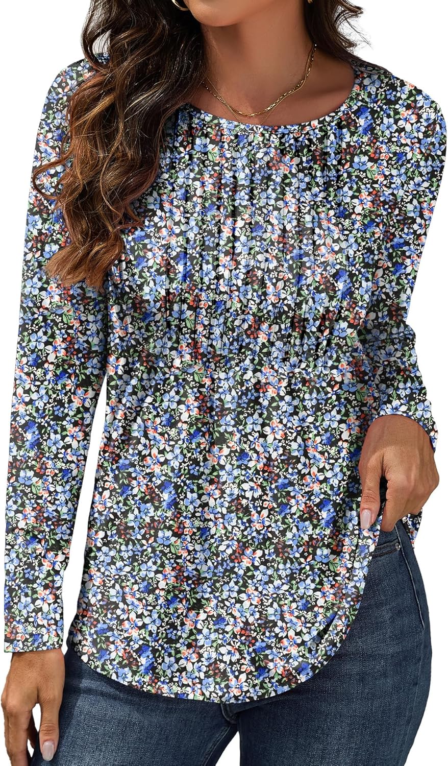 GRECERELLE Dames ronde hals lange mouw tops casual voorkant geplooide tunieken tops T-shirts T-shirts reguliere pasvorm blouse voor dames, Zwart, L