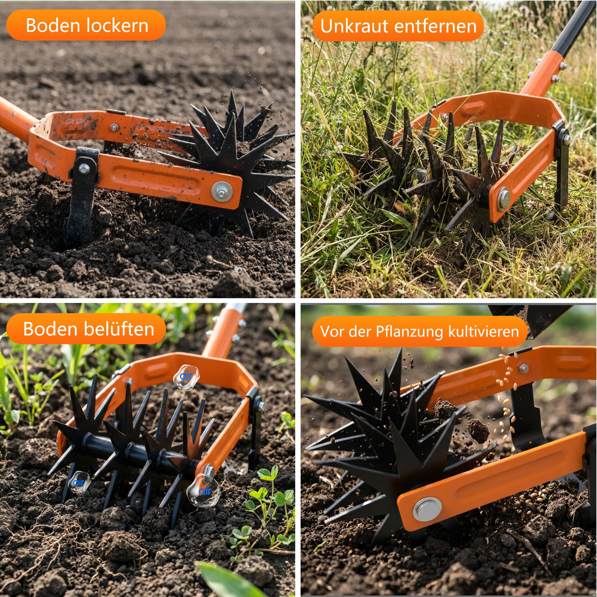 Coltivatore rotante 2 in 1, zappa manuale e allentatore del terreno, coltivatore da giardino regolabile, fresa manuale con manico in acciaio inox per diserbo, allentamento del terreno, cura del prato