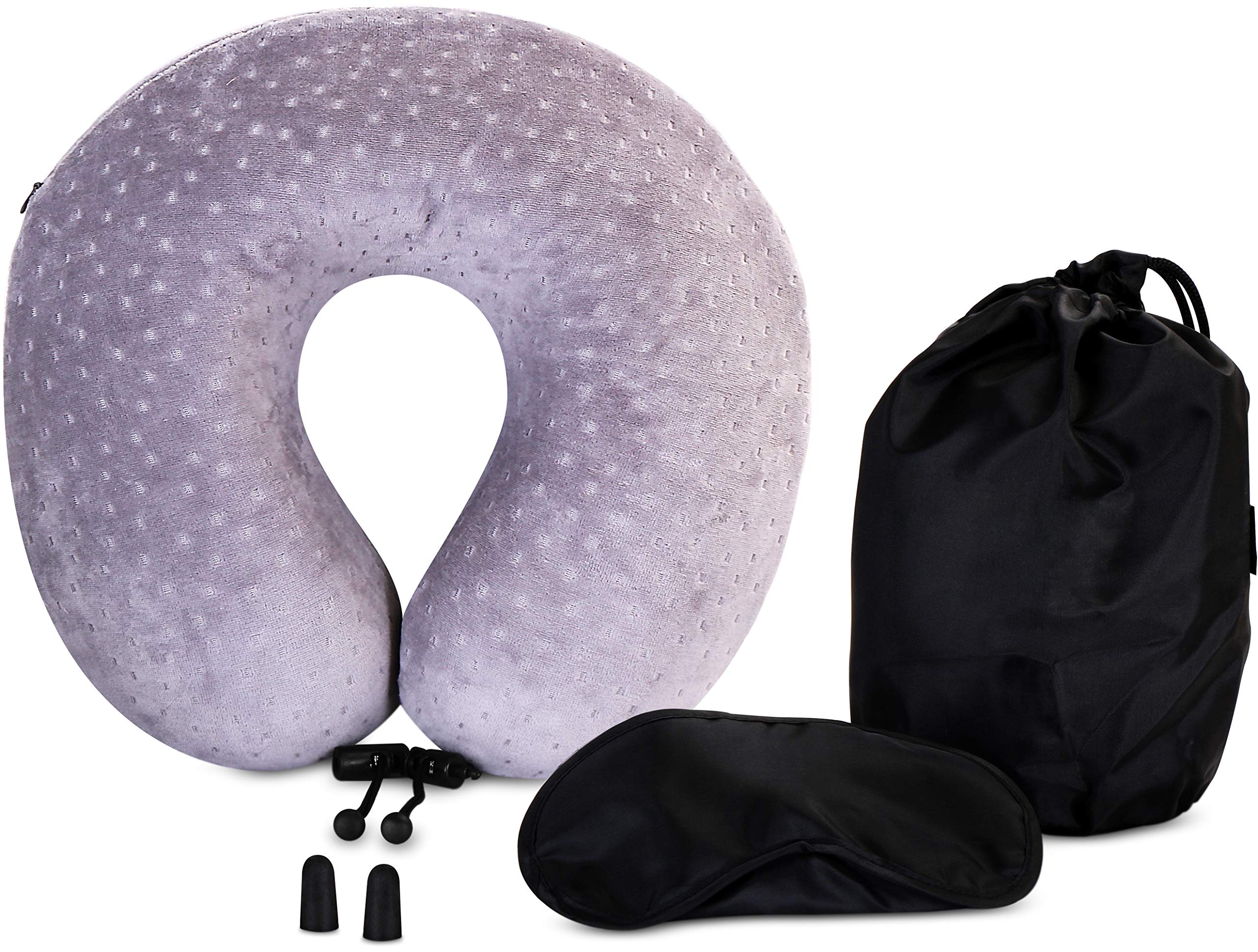 Utopia Bedding Memory Foam Travel Neck Pillow Kit - Includes a Sleeping Mask, Earplugs, Carry Bag, Neck Pillow with Adjustable Toggles & Velour Cover Single Pack
