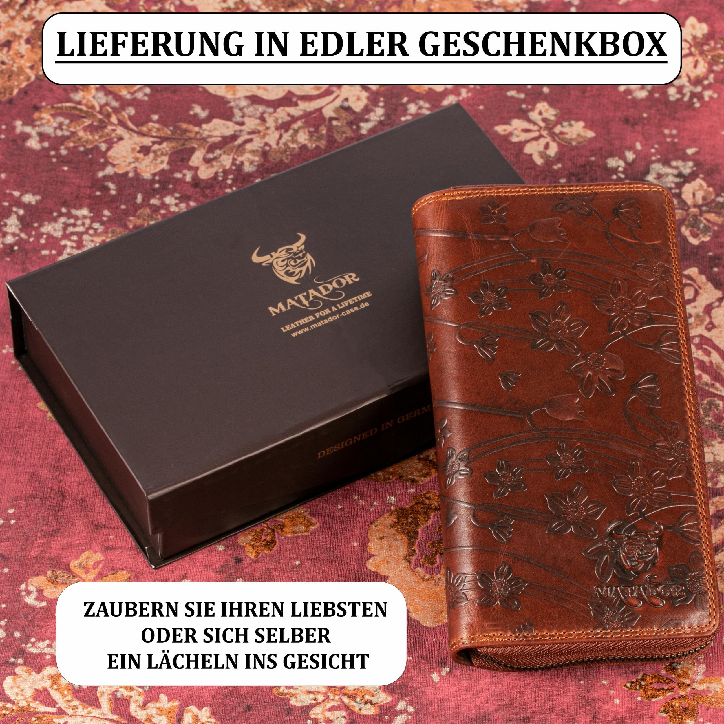 MATADOR XL Karten Portemonnaie Geldbeutel Damen Leder Groß #GIRONA mit edler Geschenk Box, Portmonee Geldbörse Damen Gross mit RFID Blocker, Geldtasche Brieftasche, Damenportemonnaie Blumen Braun