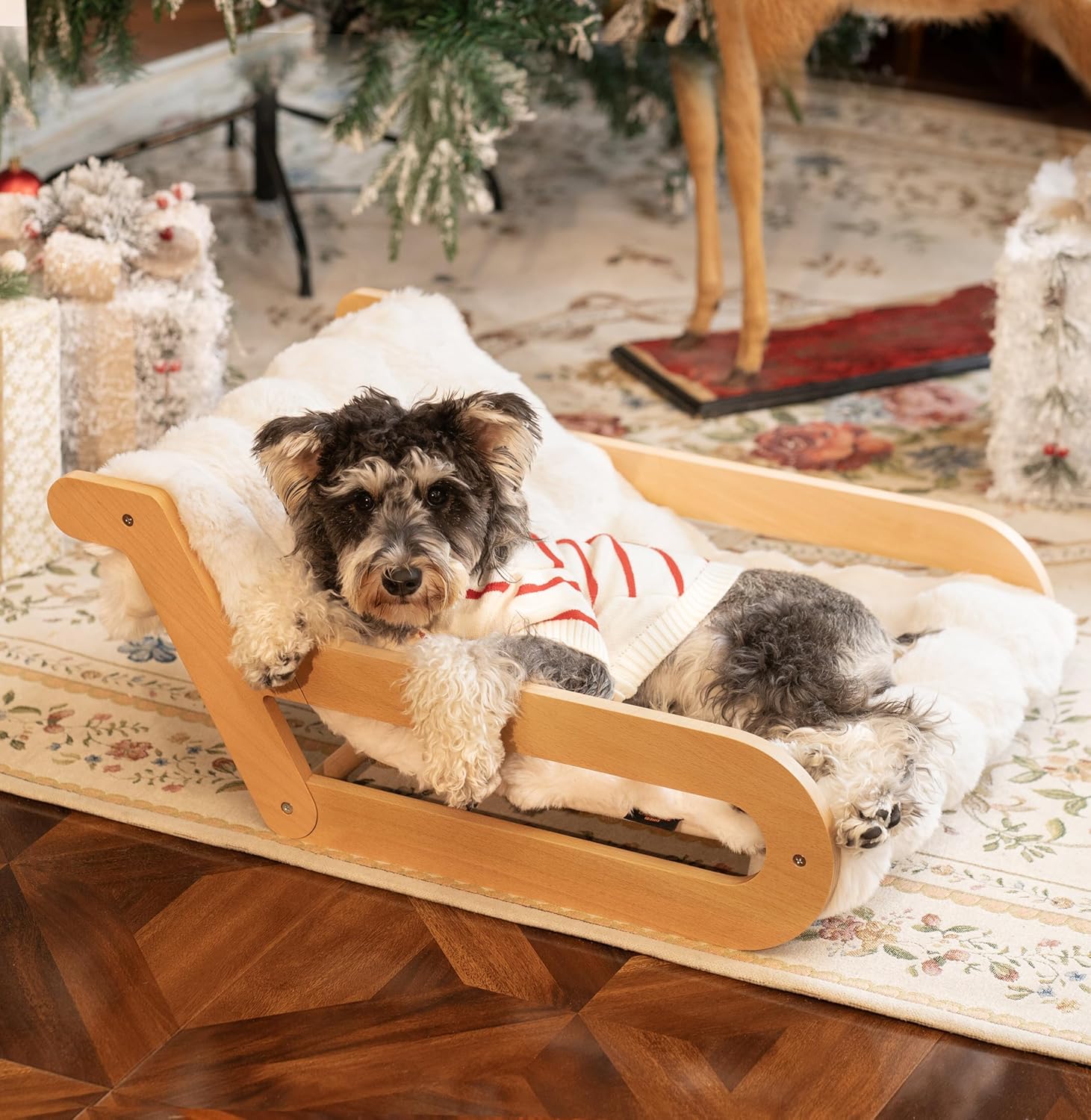 Raised Cat Couch Bed for Indoor Cats, Elevated Cat Sofa Recliner Fluffy Cat Lounge Chair Suitable for Small and Medium Dog, Wooden Cat Furniture(Cat Lounge Off-White) Cat Lounge-White