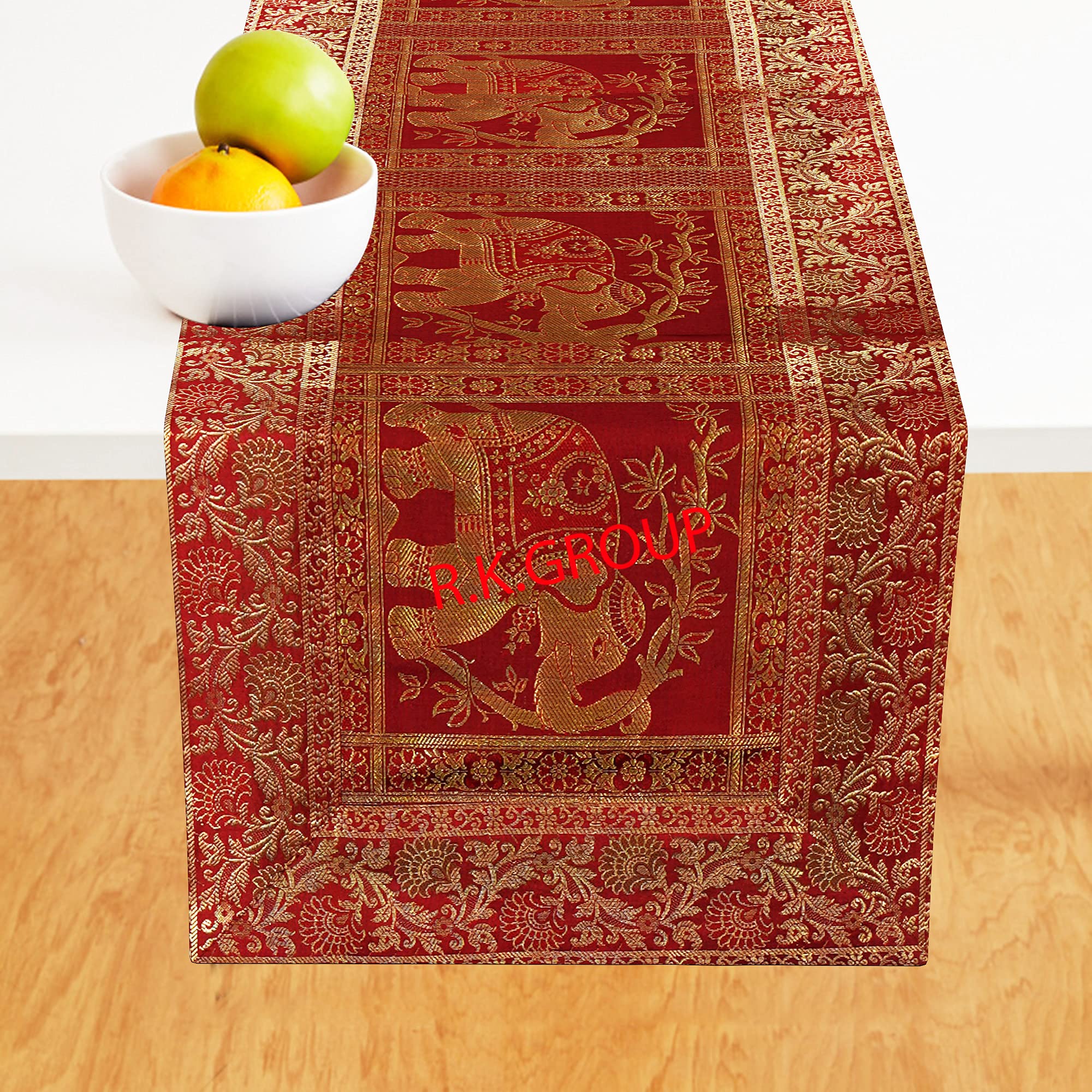 Radhy krishna fashions Rajasthani Hand Art Work Elephant Design Silk Table Runner & Tablecloth 60 x 16 Inch (Red Gold) โ image 1