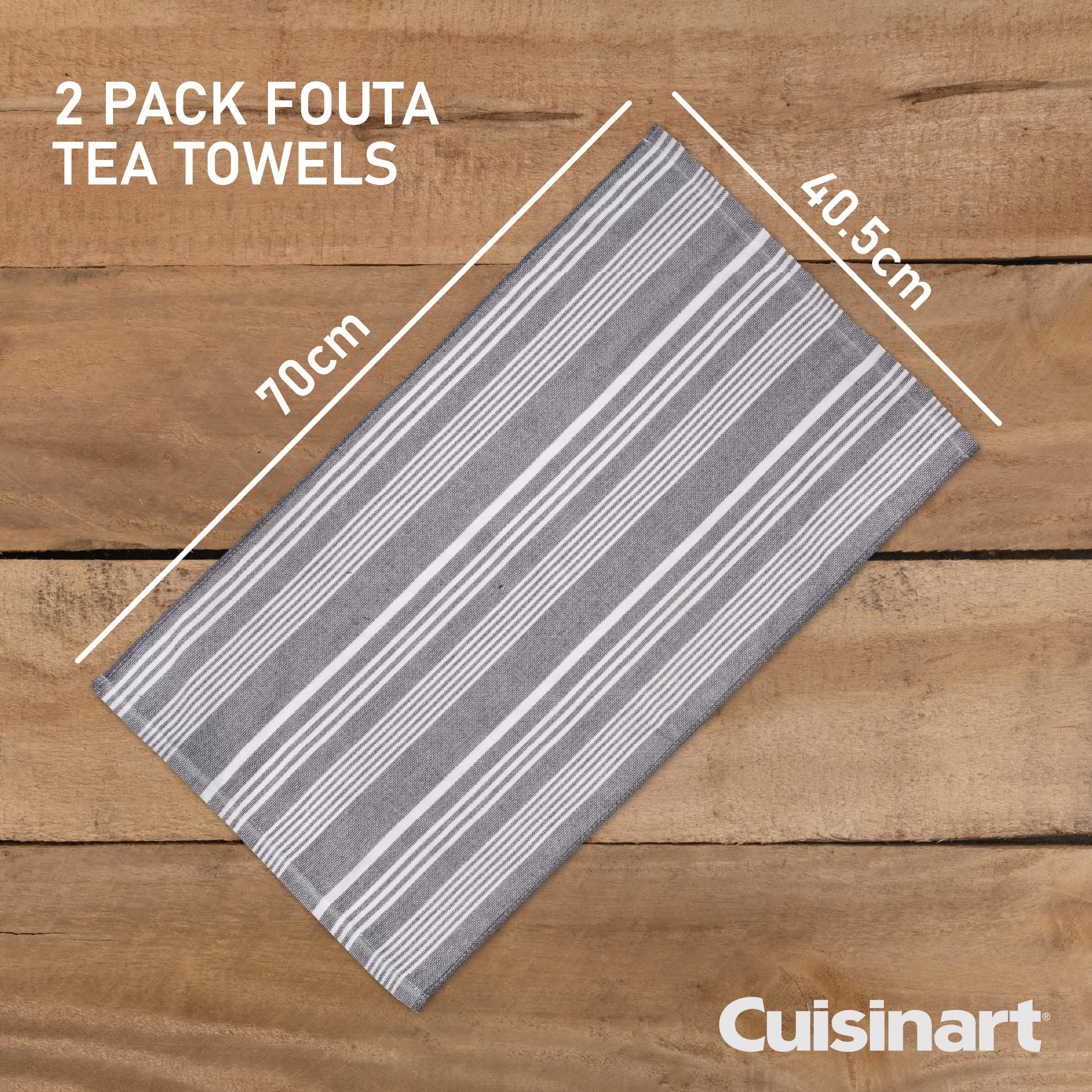 Cuisinart Fouta Striped Grey Tea Towels for Kitchen Set of 2 - Antibacterial, Hypoallergenic, Absorbent Terry Kitchen Towels, 40x70 cm - Image 2