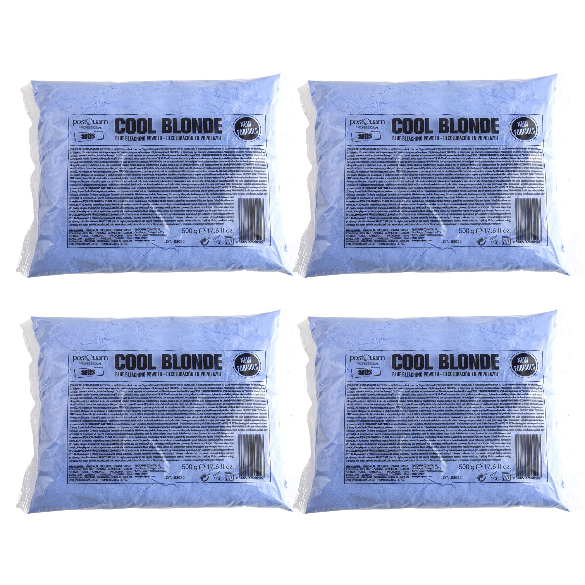 PostQuam - Polvo Decolorante Azul Cool Blonde - Pack 4x500g - Aclara hasta 9 Tonos - Decoloración Profesional para Cabello - Bajo Olor a Amoníaco - Polvo Microgranulado Compacto