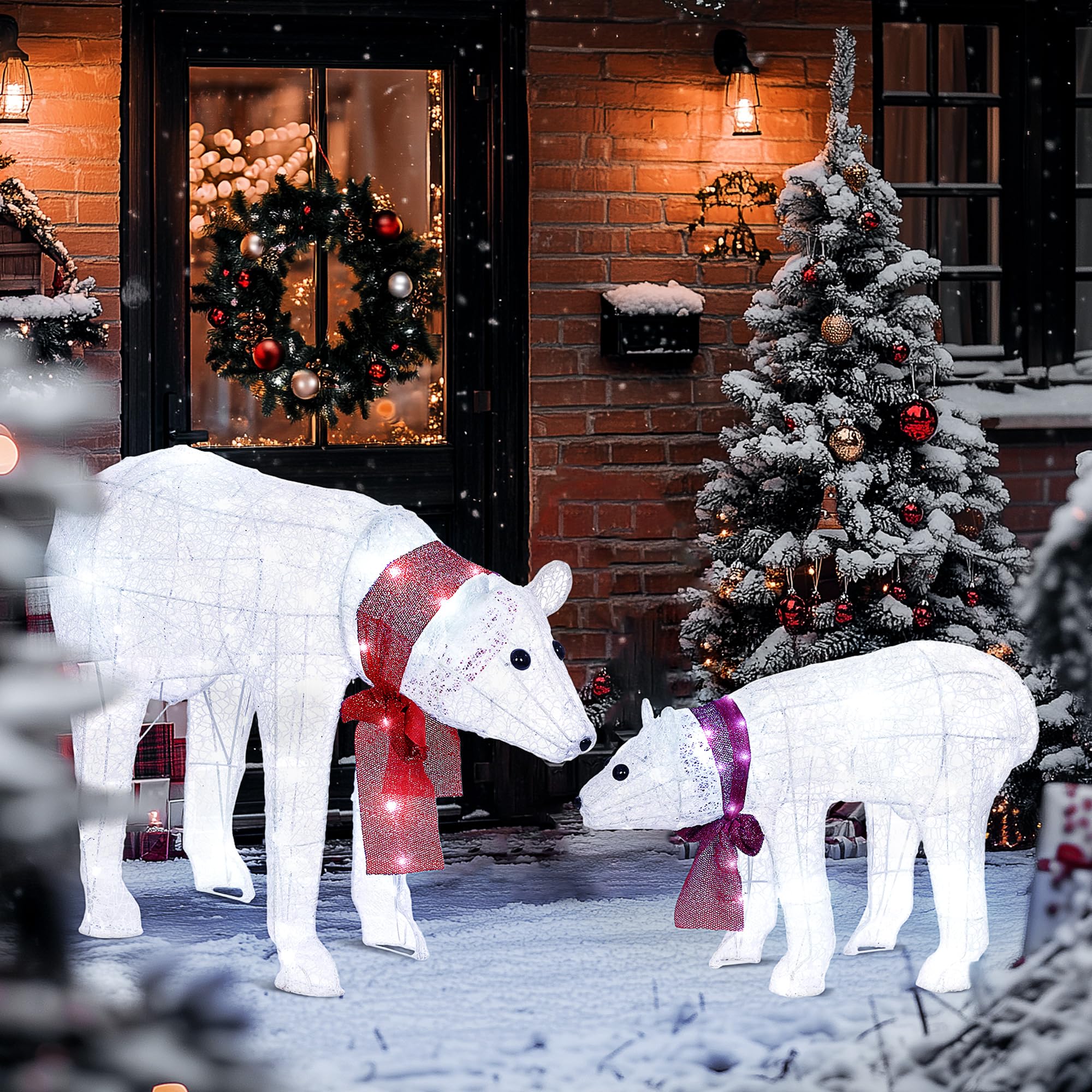 Outsunny Weihnachtsdekoration Eisbärenfamilie Mutter und Jungtier mit Timer | 140 Weiße LEDs, Beleuchtet Weihnachtsdeko, für Innen- und Außenbereich, Weihnachtsbeleuchtung