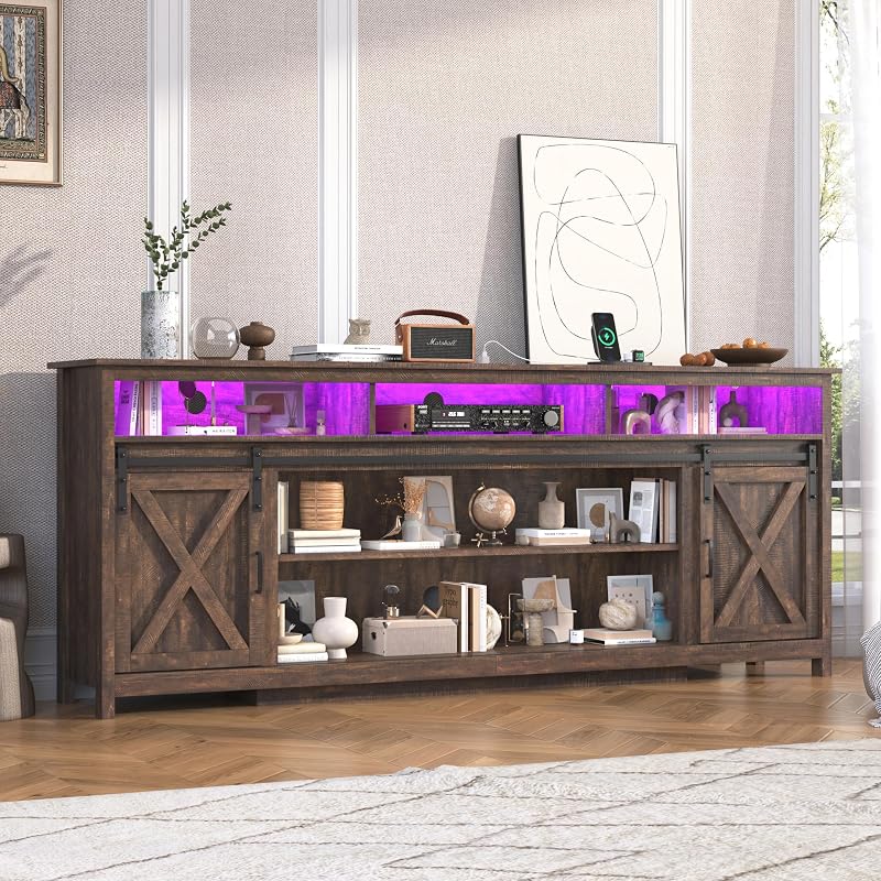jiteentarou Farmhouse TV Stand for 90/85 Inch TV with Power Outlet, LED Entertainment Center with Storage and Sliding Barn Doors, Wood Media Console for Living Room, Brown image 4