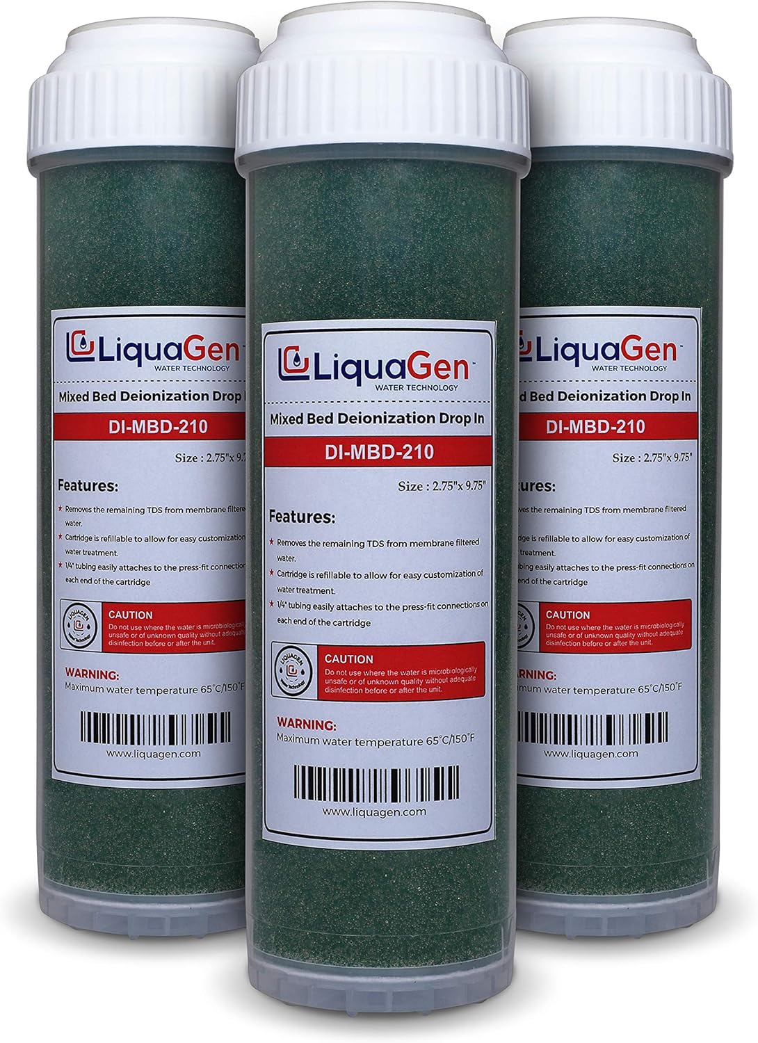 LiquaGen - 3 Pack Refillable Drop In Deionization (DI) Filters for RO/DI Aquarium Applications - 10" | 0 TDS/PPM Water | Saltwater & Freshwater Use | Filter for Fish Tanks, Aquariums, Coral Reefs, etc