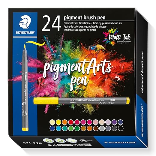 Staedtler Pigment Arts Brush Pen, Assorted Basic Colors, Pack of 24