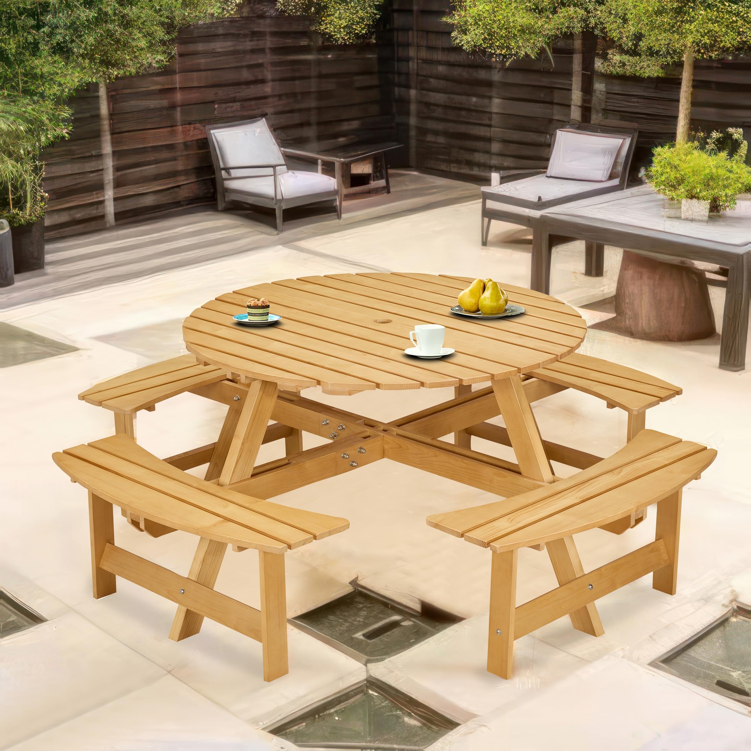 DOPERFE 8-Person Outdoor Picnic Round Table with Built-in Benches | All-Weather Wooden Patio Furniture for Gardens, Backyards and Porches | Includes 2