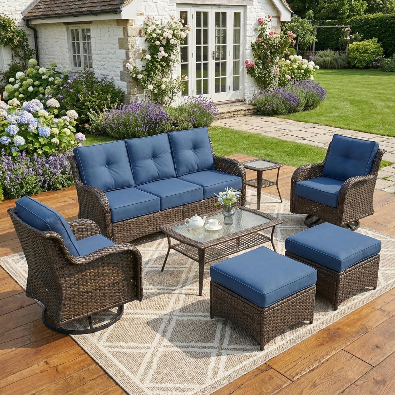 Patio Furniture Set, 7PCS Outdoor Wicker Conversation Set with 6" Thick Cushions, High Back Rattan Sofa & Swivel Rocker Chairs, Weather Resistant Olefin Fabric for Garden, Poolside, Navy Blue