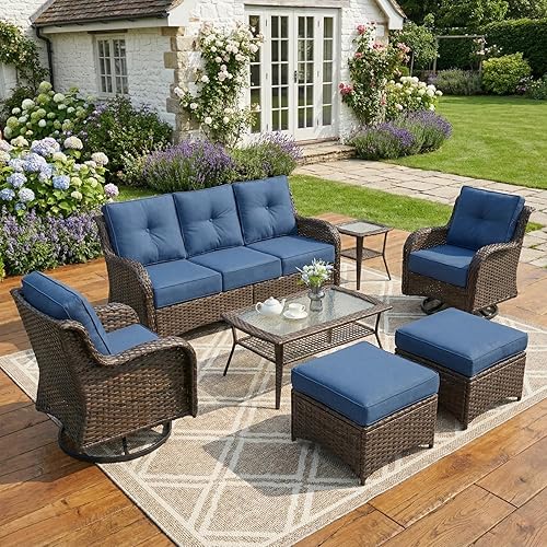 Patio Furniture Set, 7PCS Outdoor Wicker Conversation Set with 6" Thick Cushions, High Back Rattan Sofa & Swivel Rocker Chairs, Weather Resistant Olefin Fabric for Garden, Poolside, Navy Blue