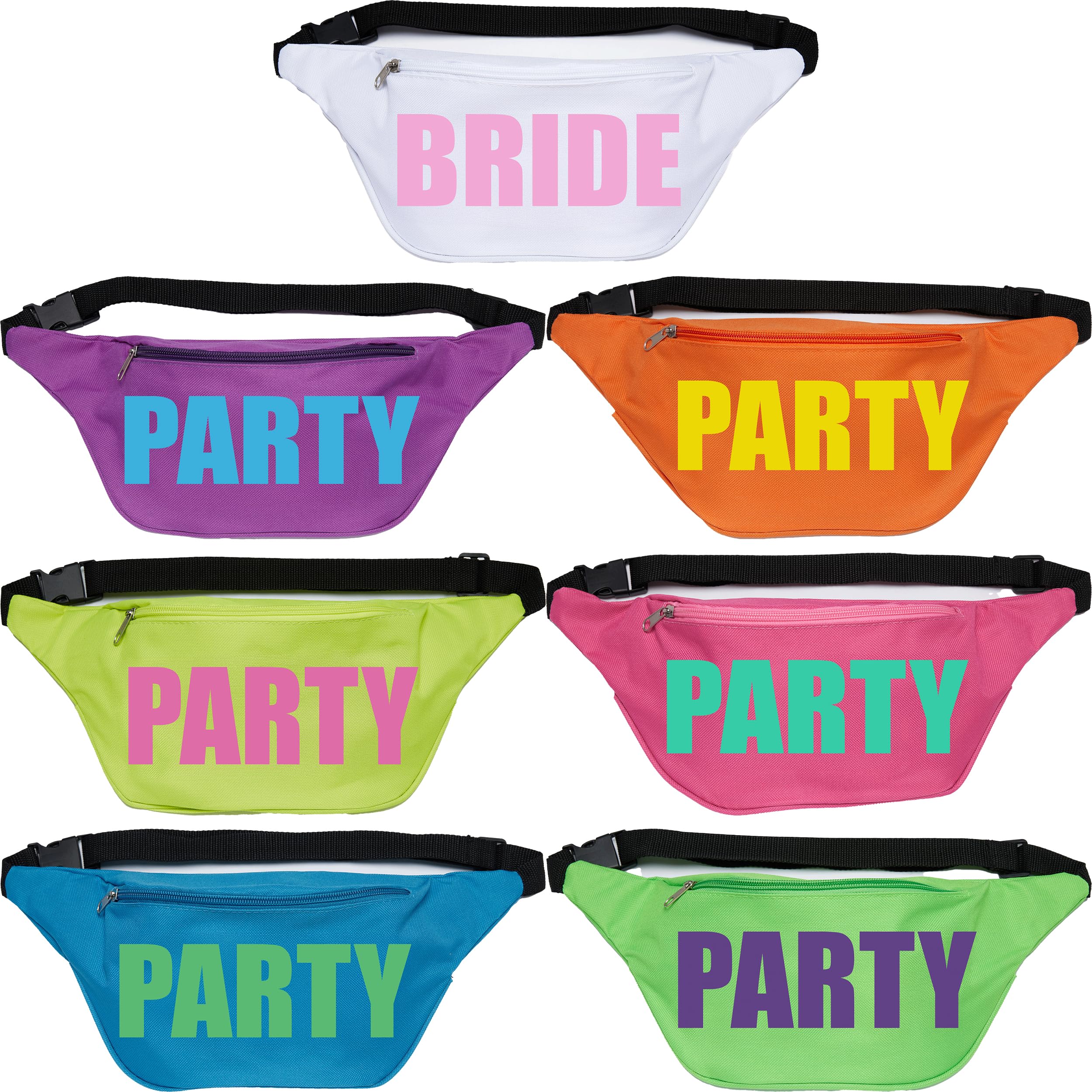 Funky Junque Bride & Squad Neon Fanny Pack Set | Waterproof Belt Bags for Bachelorette Party, Final Fiesta, 90s Theme, or Last Rodeo - 7 Pack - Bride