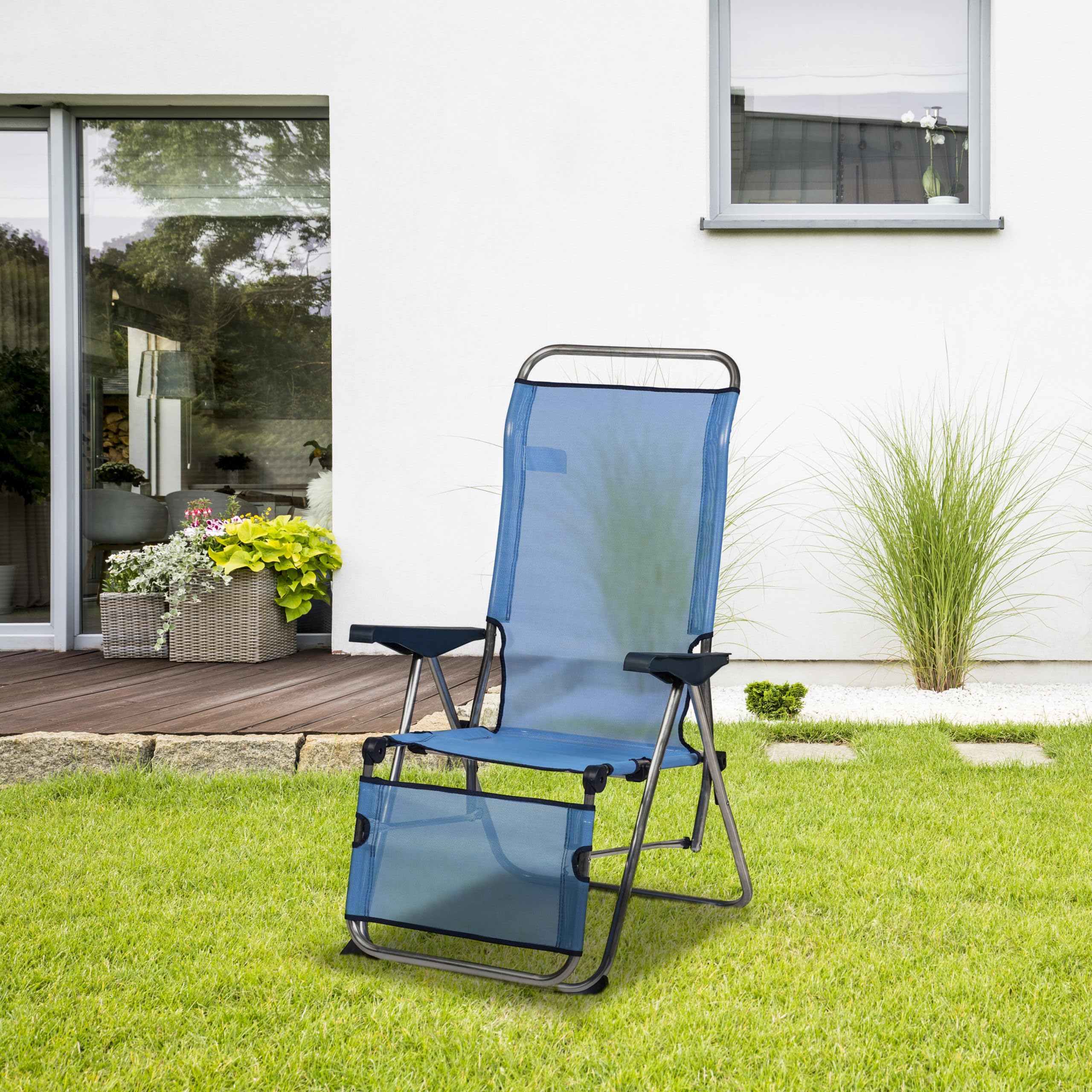 Silla de Playa y JardínPlegable Reclinable con Respaldo Anatómico 75x63x114 cm 5 Posiciones en Color Azul Tejido lavable y Pies Estabilizadores para Mayor Seguridad