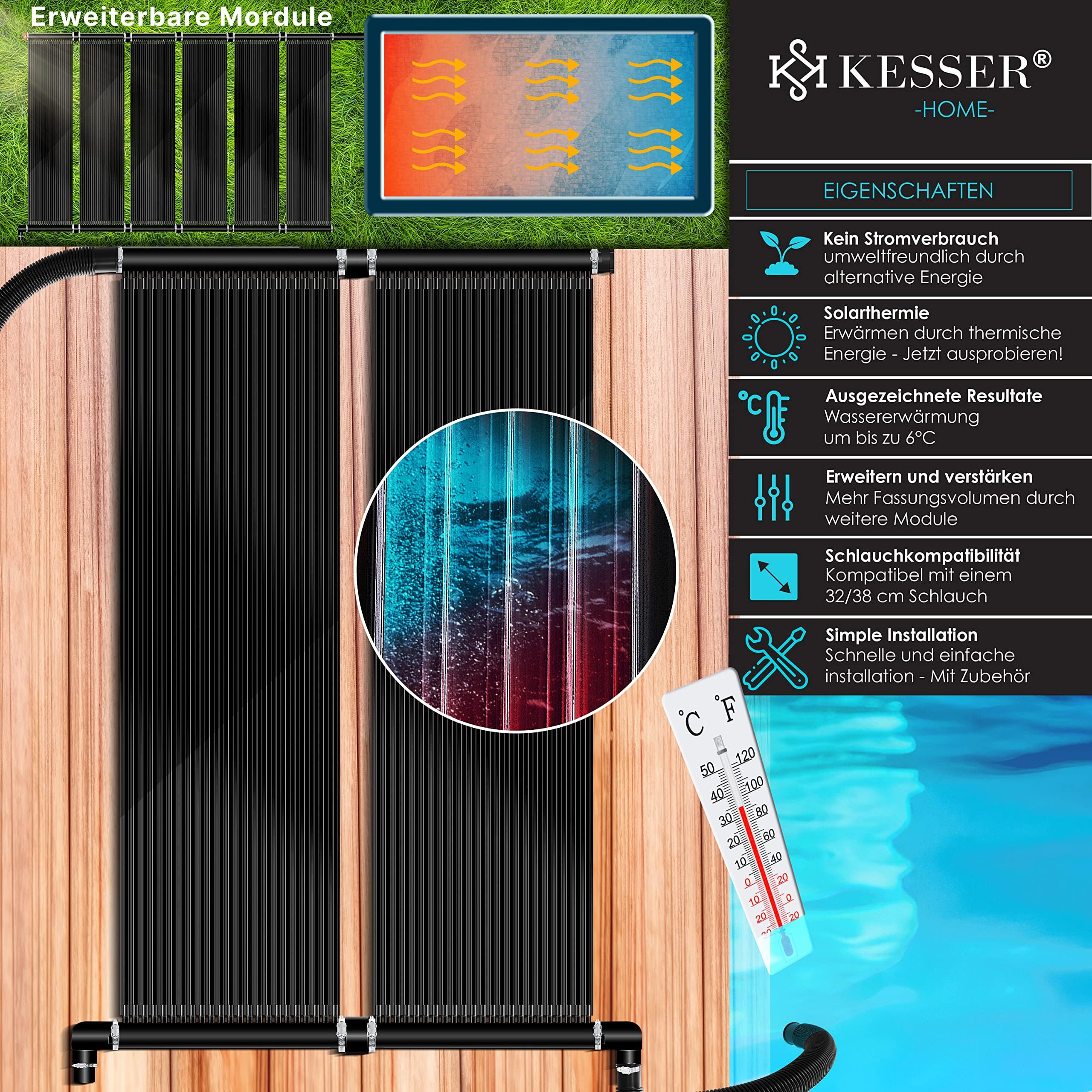 KESSER Solarkollektor Poolheizung 300x70 cm Solar Poolheizer bis 12.000L UV-beständiger Kunststoff