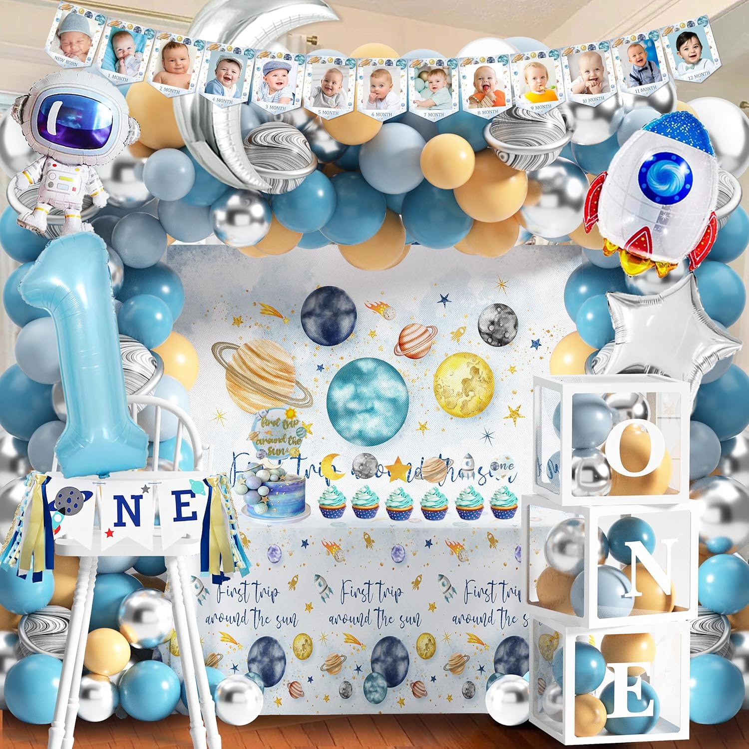 First Trip Around The Sun Birthday Party Decorations for boy 1st Birthday Supplies First Trip Around The Sun Backdrop Balloons Garland Monthly Photo Banner Space Theme Party Decor - Image 6