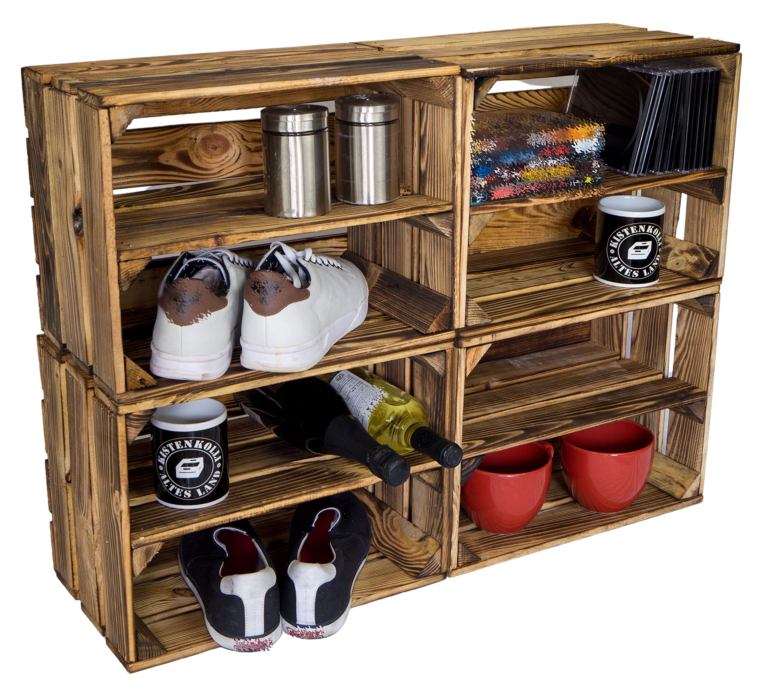 Zapatero flameado Bella Mini para niños con tabla intermedia de 40 x 30 x 25 cm / cajas de manzanas, cajas de vino, cajas de madera del antiguo país (6 x zapateros mini para niños)