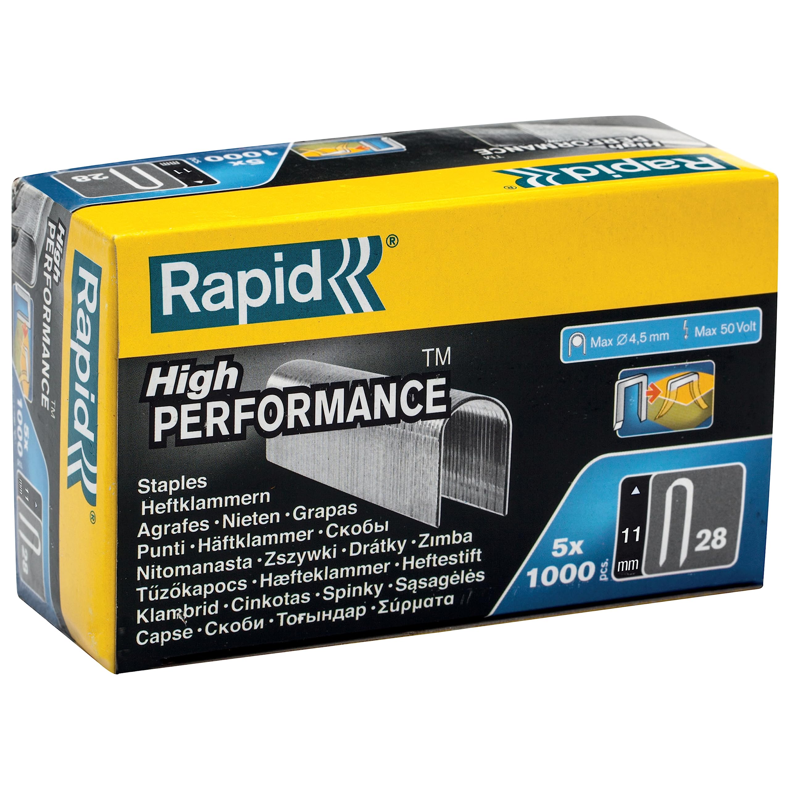 Rapid Caja de Grapas de Corona Redondeada para Cables de Bajo Voltaje N.º28 de Acero Galvanizado, 11 mm – 5 x 1.000 Grapas
