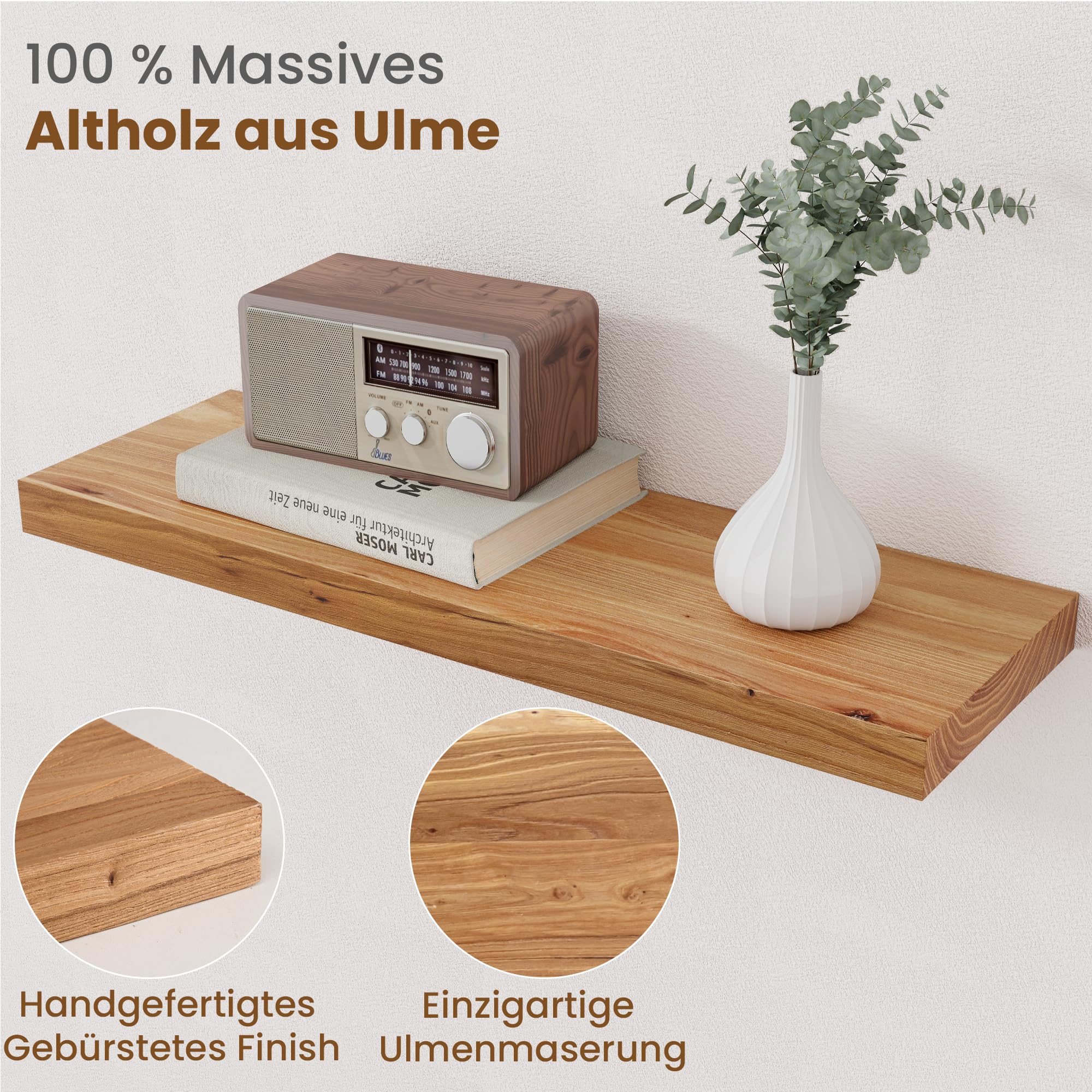 Estantes flotantes para decoración de pared, estantes flotantes de madera de olmo maciza rústica de 8 pulgadas de profundidad, estantes de pared con soporte invisible para sala de estar, baño