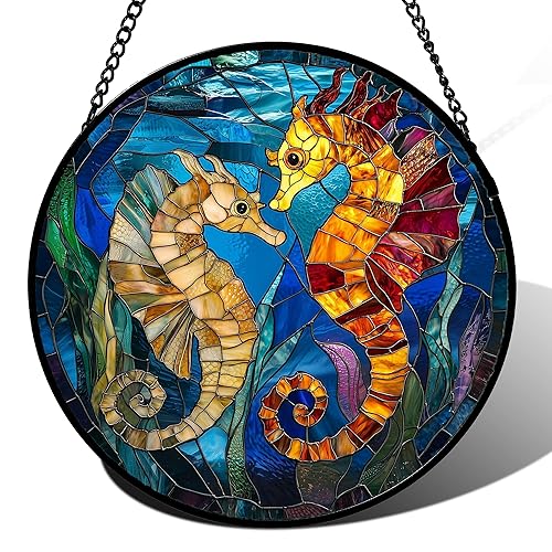 Stained Glass Window Hanging - Blue Ocean Orange Seahorse Suncatcher